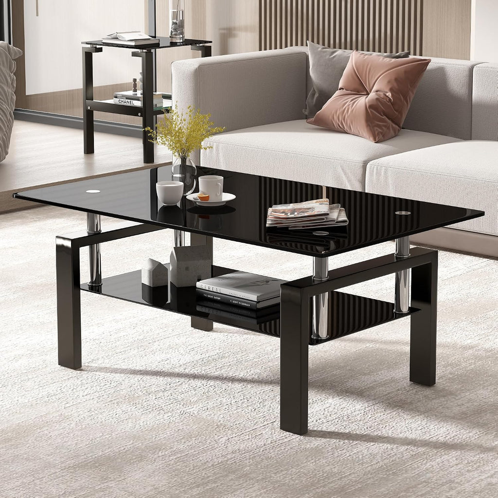 Glass Coffee Table for Living Room, Mordern Rectangle Tempered Glass Sofa Center Tables with Black Metal Leg for Home Office, Black