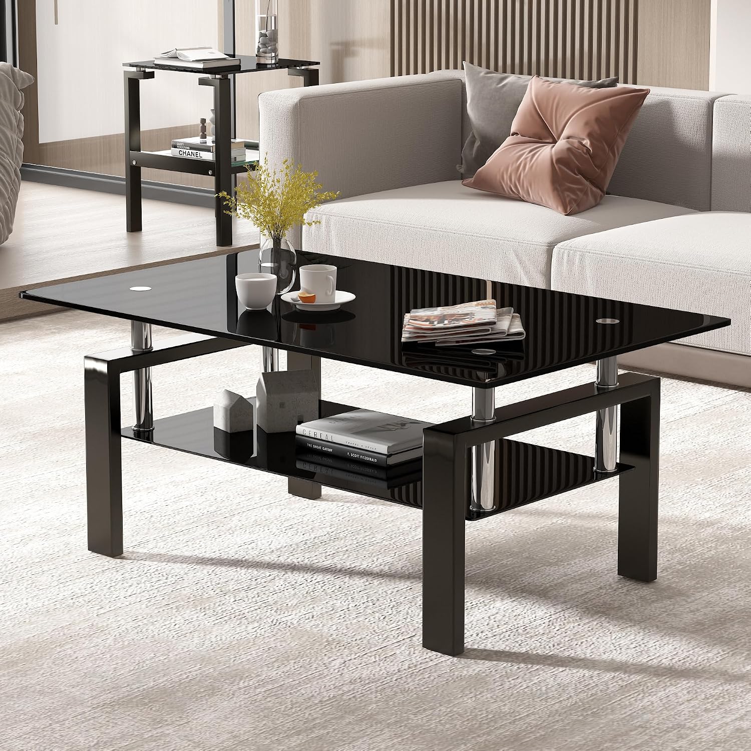 Glass Coffee Table for Living Room, Mordern Rectangle Tempered Glass Sofa Center Tables with Black Metal Leg for Home Office, Black