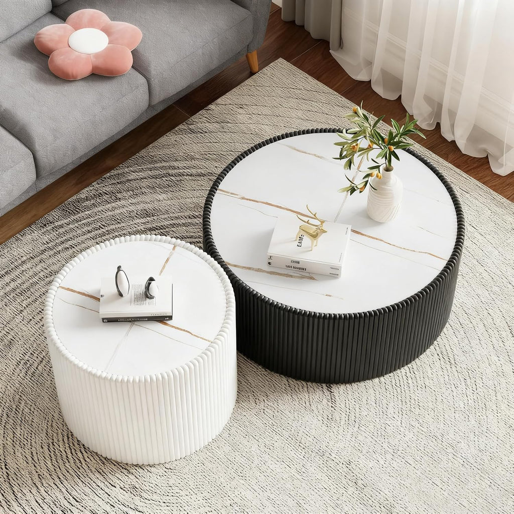 Round Coffee Table Set with Sintered Stone Tabletop, 29.52' Black Drum Center Table and 17.71' White Coffee Table Set, 2 Pieces Living Room Table Set with Fluted PU Leather Cover& Stable Base