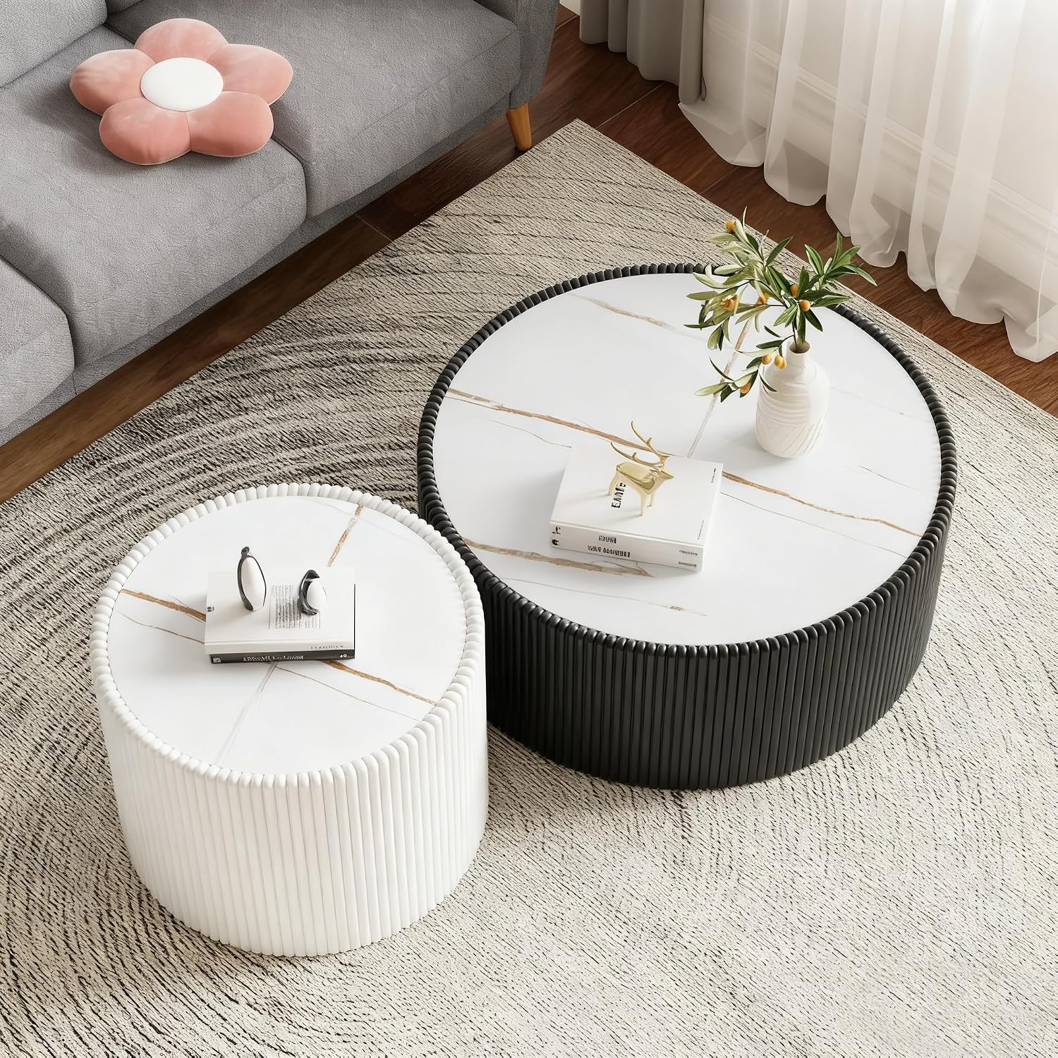 Round Coffee Table Set with Sintered Stone Tabletop, 29.52' Black Drum Center Table and 17.71' White Coffee Table Set, 2 Pieces Living Room Table Set with Fluted PU Leather Cover& Stable Base