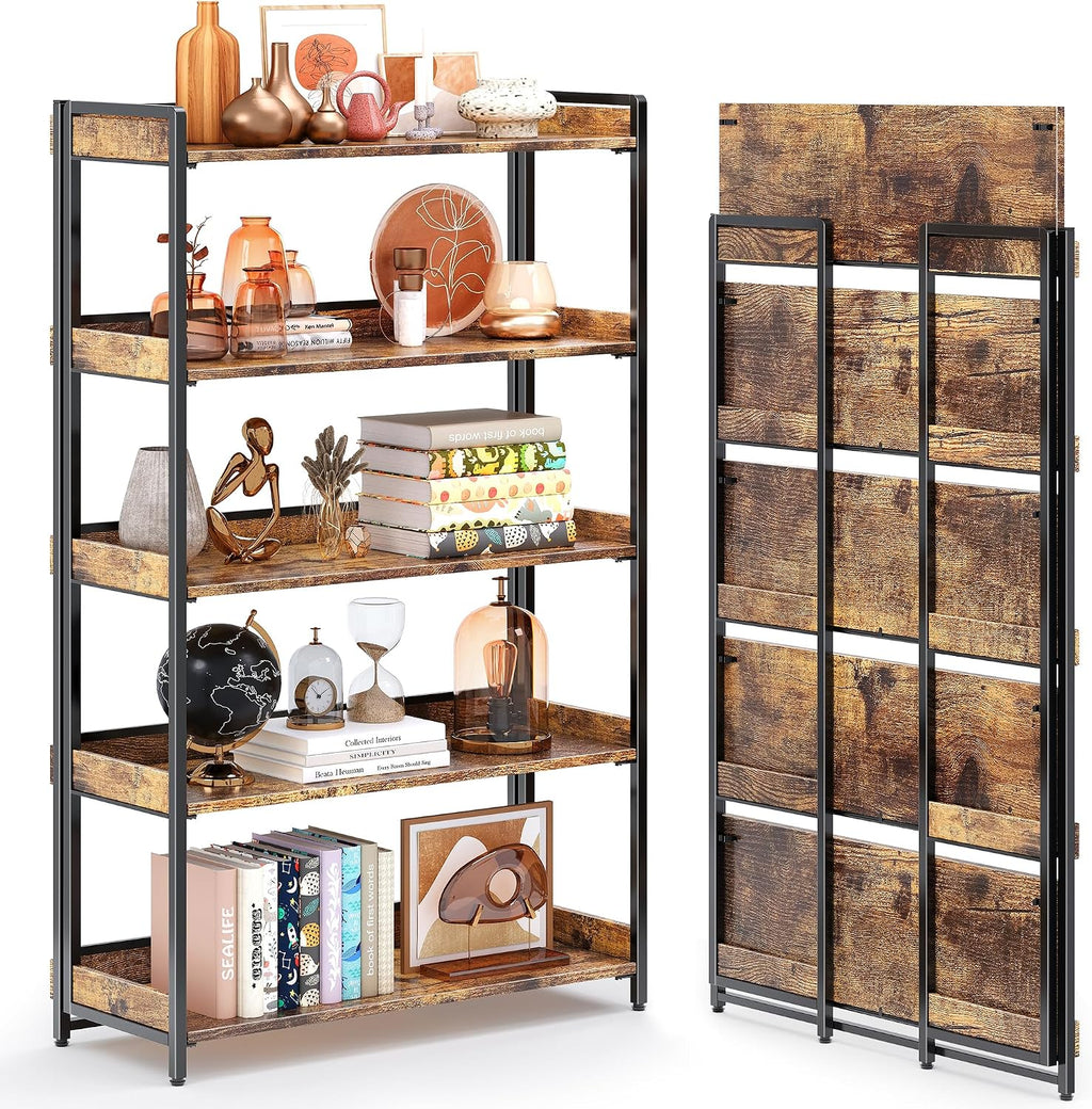 4NM Extra Wdie No Assembly Folding Bookshelf, 64.3' H x 30.9' W, 5 Tier Collapsible Book Shelf Bookcase Foldable Shelves for Bedroom Living Room Home Office - Rustic Brown & Black