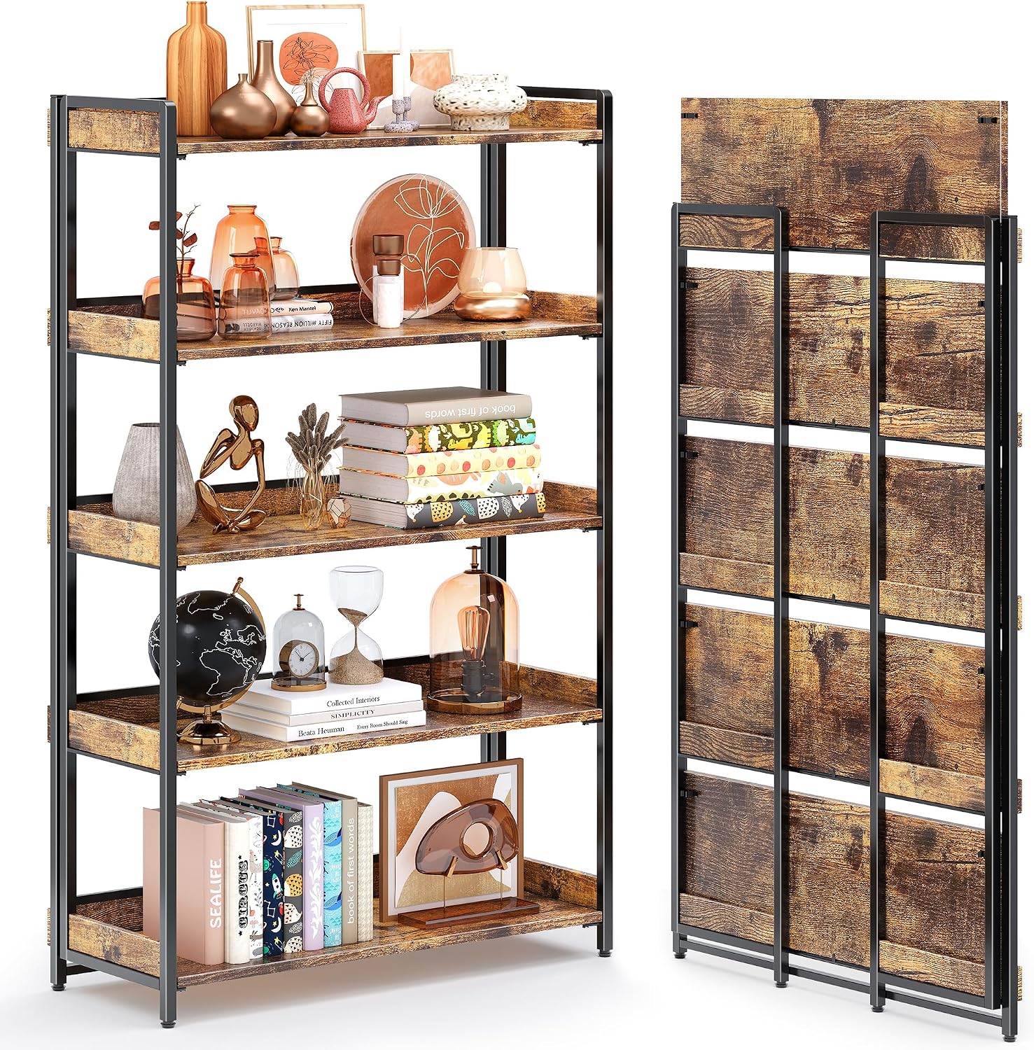 4NM Extra Wdie No Assembly Folding Bookshelf, 64.3' H x 30.9' W, 5 Tier Collapsible Book Shelf Bookcase Foldable Shelves for Bedroom Living Room Home Office - Rustic Brown & Black