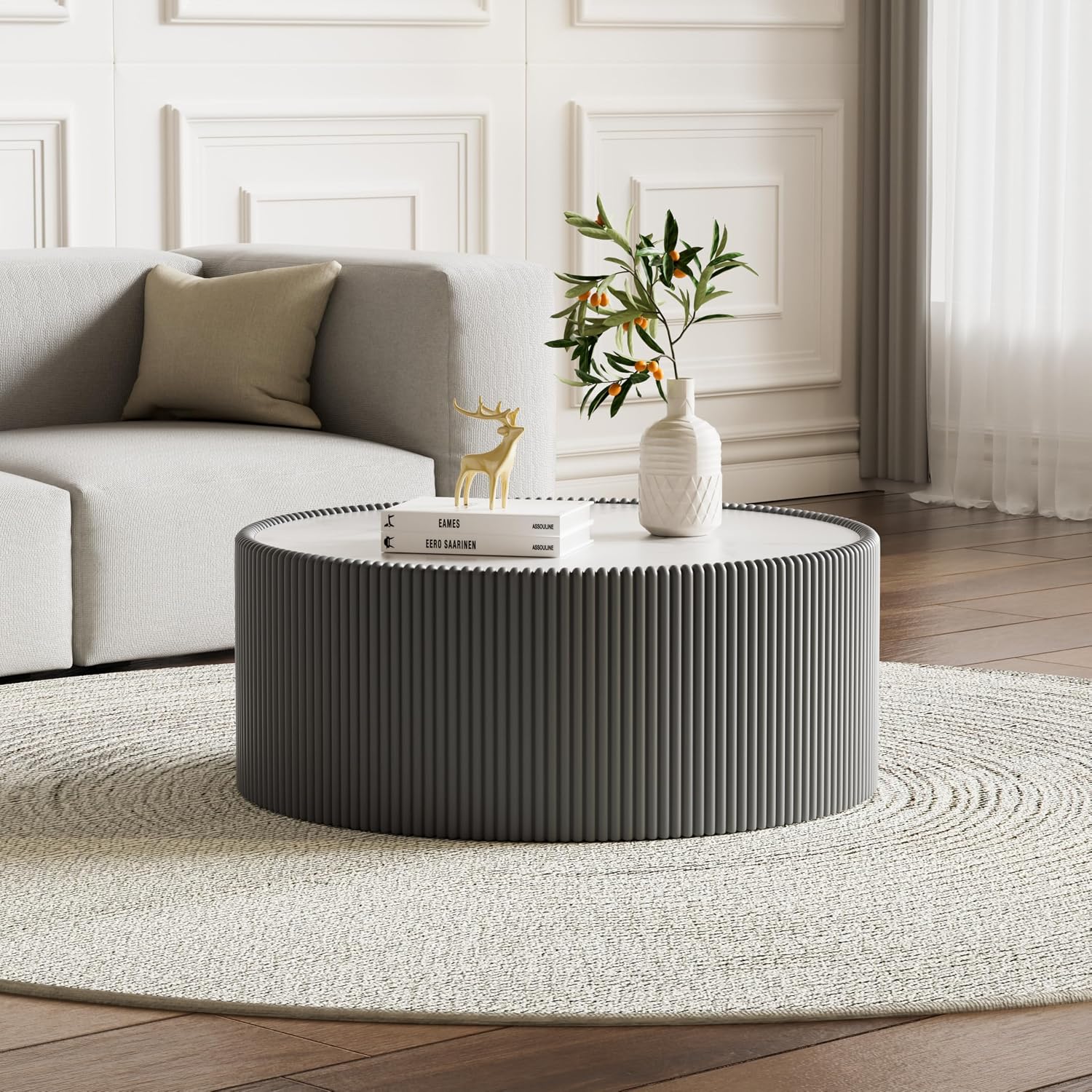 Round Coffee Table Set with Sintered Stone Tabletop, 29.52' Grey Drum Center Table and 17.71' Grey Coffee Table Set, 2 Pieces Living Room Table Set with Fluted PU Leather Cover& Stable Base