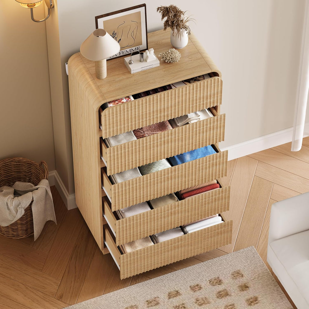 BORNOON Tall Dresser for Bedroom with 5 Drawers, Fluted Chest of Drawers with Round Curved Corner, Hidden Handles, Modern Wood Storage Organizer for Bedroom, Nursery, Living Room