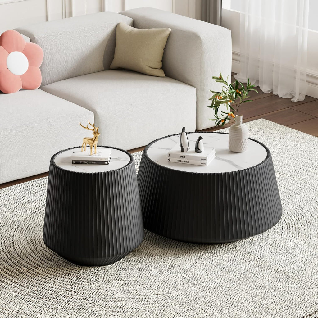 Black Round Coffee Table with Sintered Stone Tabletop, 26.77' Drum Coffee Table with Fluted PU Leather Covered and Stable Base, Circle Cocktail Tea Table for Living Room