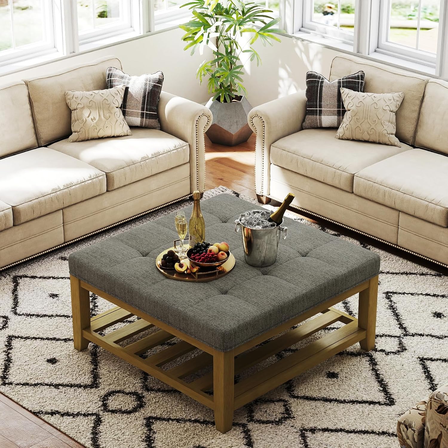 Befurtori Large Square Ottoman Coffee Table, Linen Solid Upholstered Footrest Ottoman with Solid Wood Shelf Storage Tufted Coffee Table for Bedroom Living Room, Granite