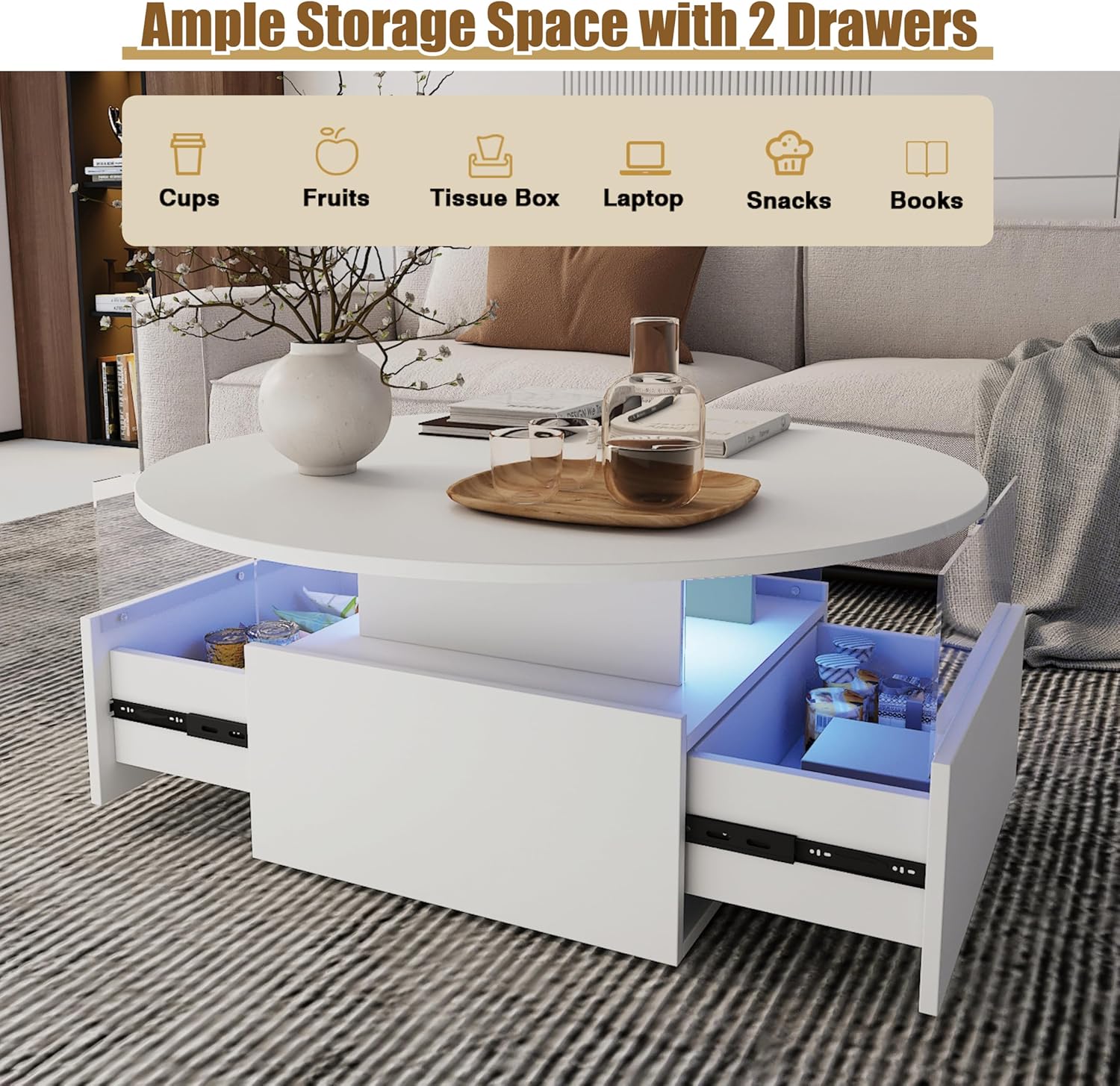HedoAjim 31.5' Round Coffee Table for Living Room, LED Modern Living Room Table with Storage, Square Acrylic Coffee Tables with 2 Sliding Drawers, Wood Center Table for Reception Dinning Room, White