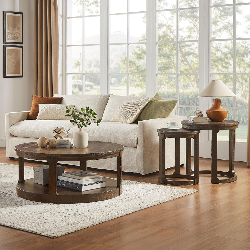 WILLIAMSPACE 24' Round Nesting Coffee Table Set of 2, Solid Wood Coffee Tables Mid Century Rustic Farmhouse Side End Tea Table for Living Room, Apartment (Drak Brown)