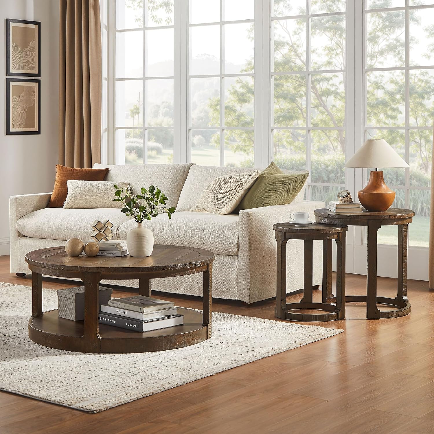 WILLIAMSPACE 24' Round Nesting Coffee Table Set of 2, Solid Wood Coffee Tables Mid Century Rustic Farmhouse Side End Tea Table for Living Room, Apartment (Drak Brown)