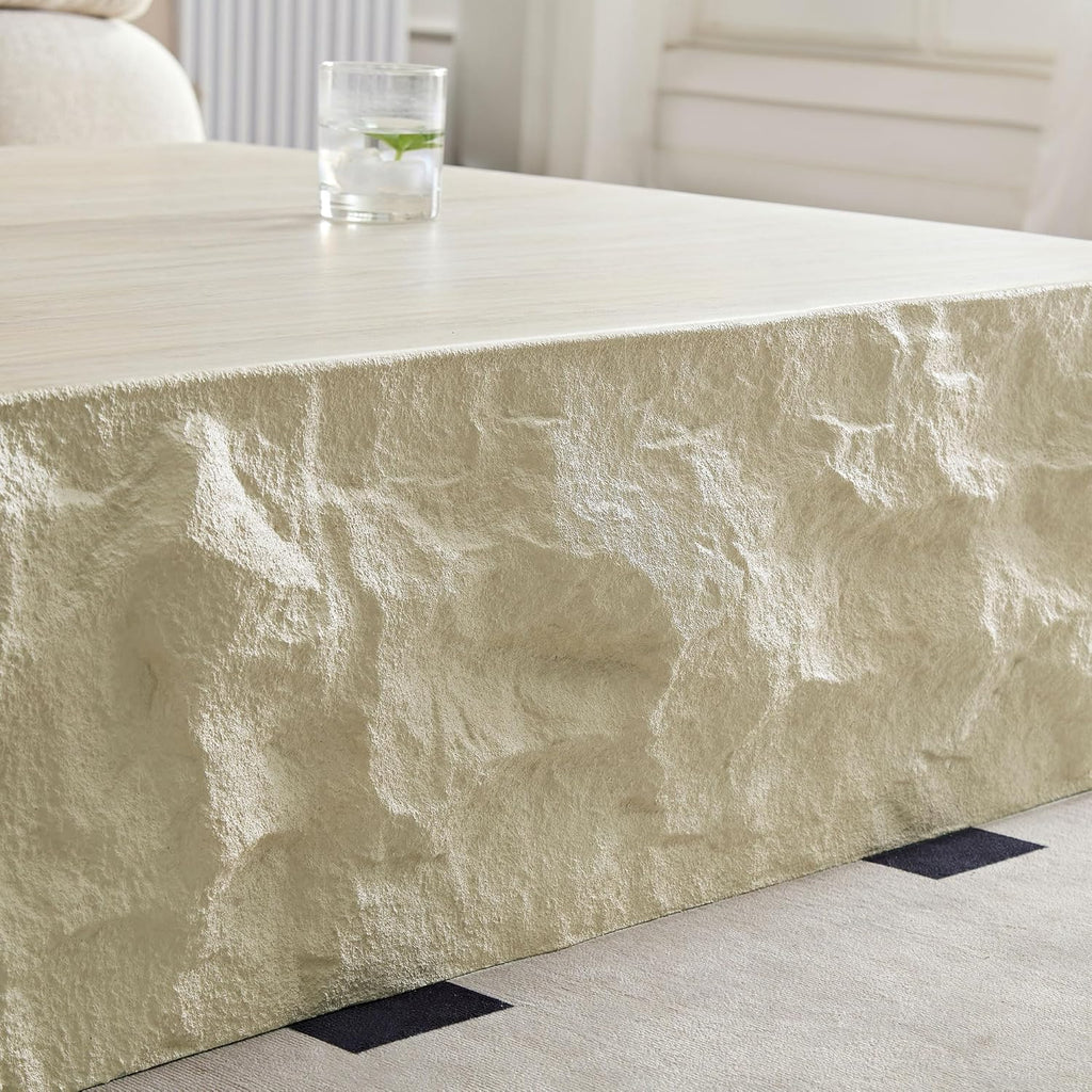 35.43' Marble Travertine Pattern Square Coffee Table for Living Room, Modern Minimalist Center Side End Table for Living Room, Apartment, Office, Marble Stone Shape, No Need Assembly