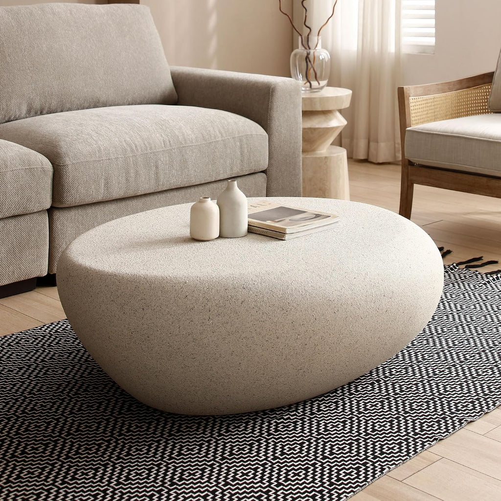 43.3' Fiberglass Elliptical Oval Vintage Coffee Table for Living Room,Irregular Center Matte Rocks Table Front of The Sofa,No Need Assembly,Cream White