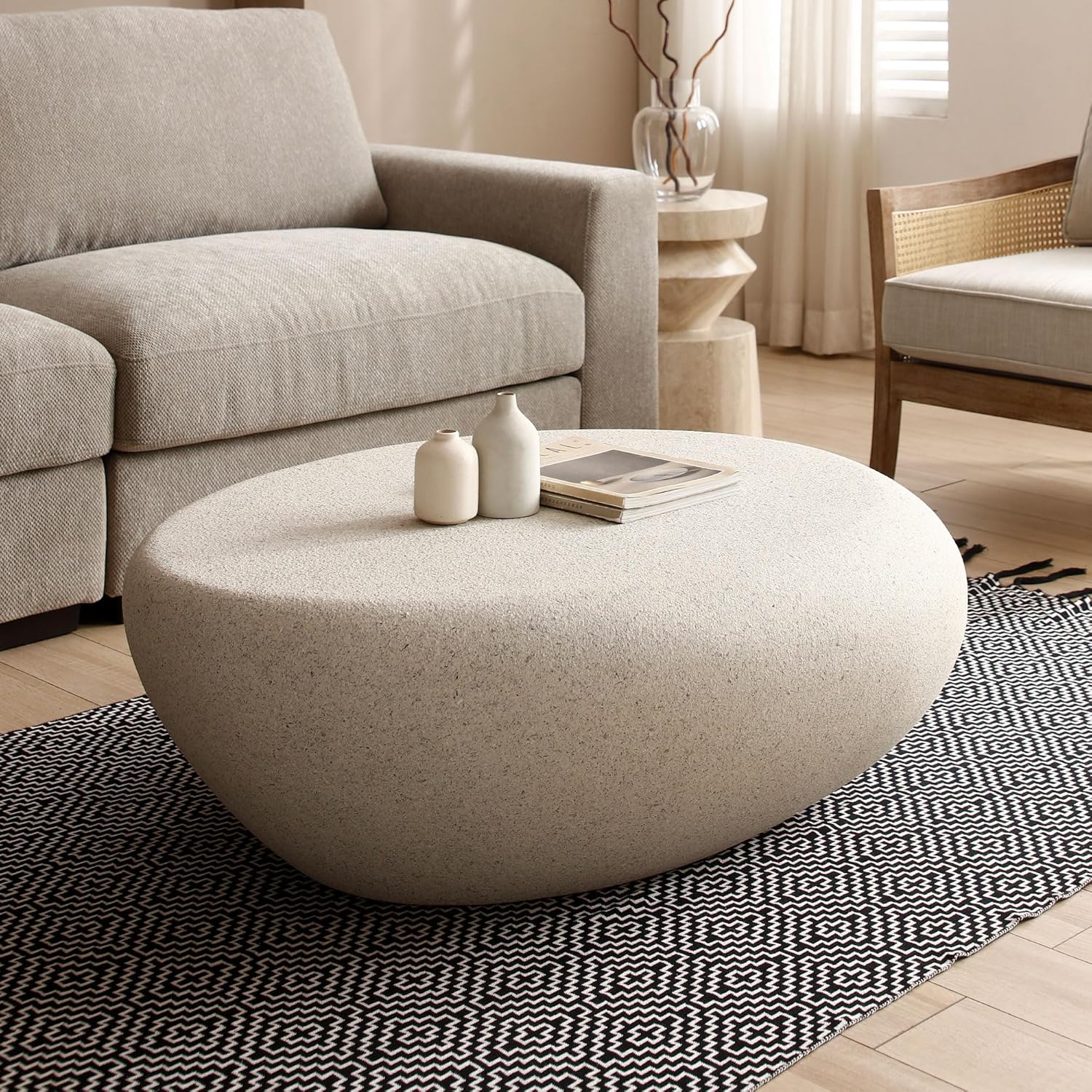 JUSTONE 43.31' Oval Coffee Table for Living Room,Curved Fiberglass Matte Center Table, Elliptical Accent Sofa Table for Apartment Office, No Assembly Required, Cream White