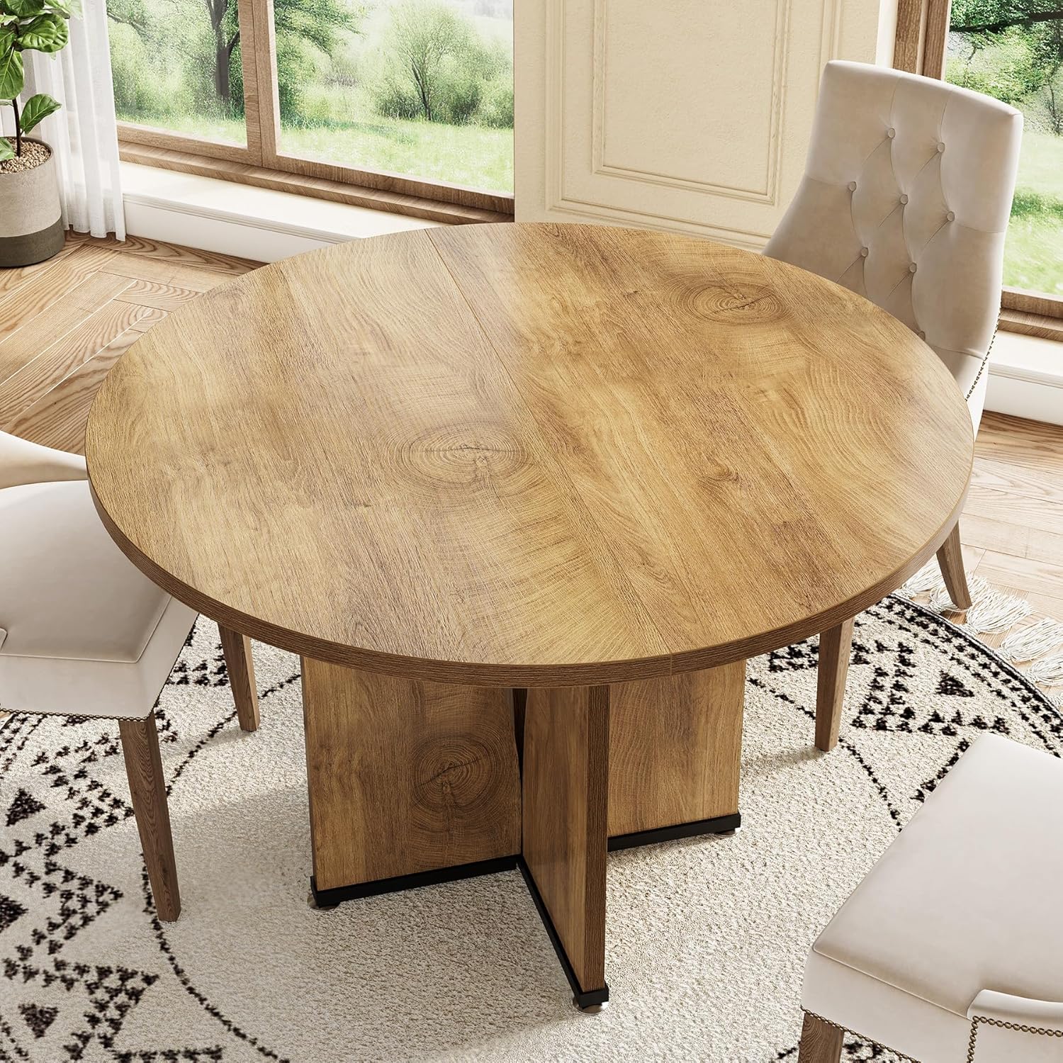 LITTLE TREE 39-Inch Dining Table for 4, Rustic Kitchen Table, Round Dining Table with X-Shaped Stable Pedestal, Farmhouse Dinner Table for Dining Room, Living Room