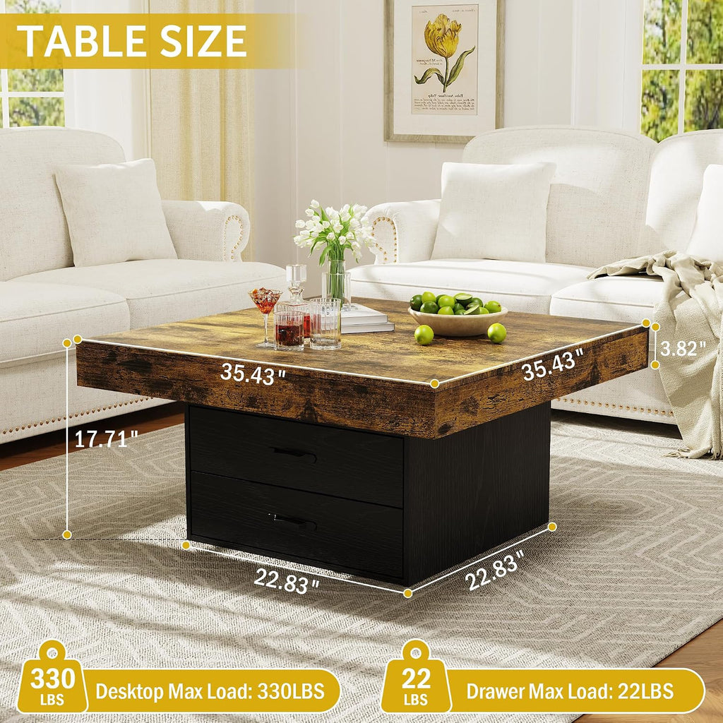 Square Coffee Table with LED Lights, 35.4' Coffee Tables for Living Room, Engineered Wood Modern Center Table with 2 Drawers for Home, Office (Black)