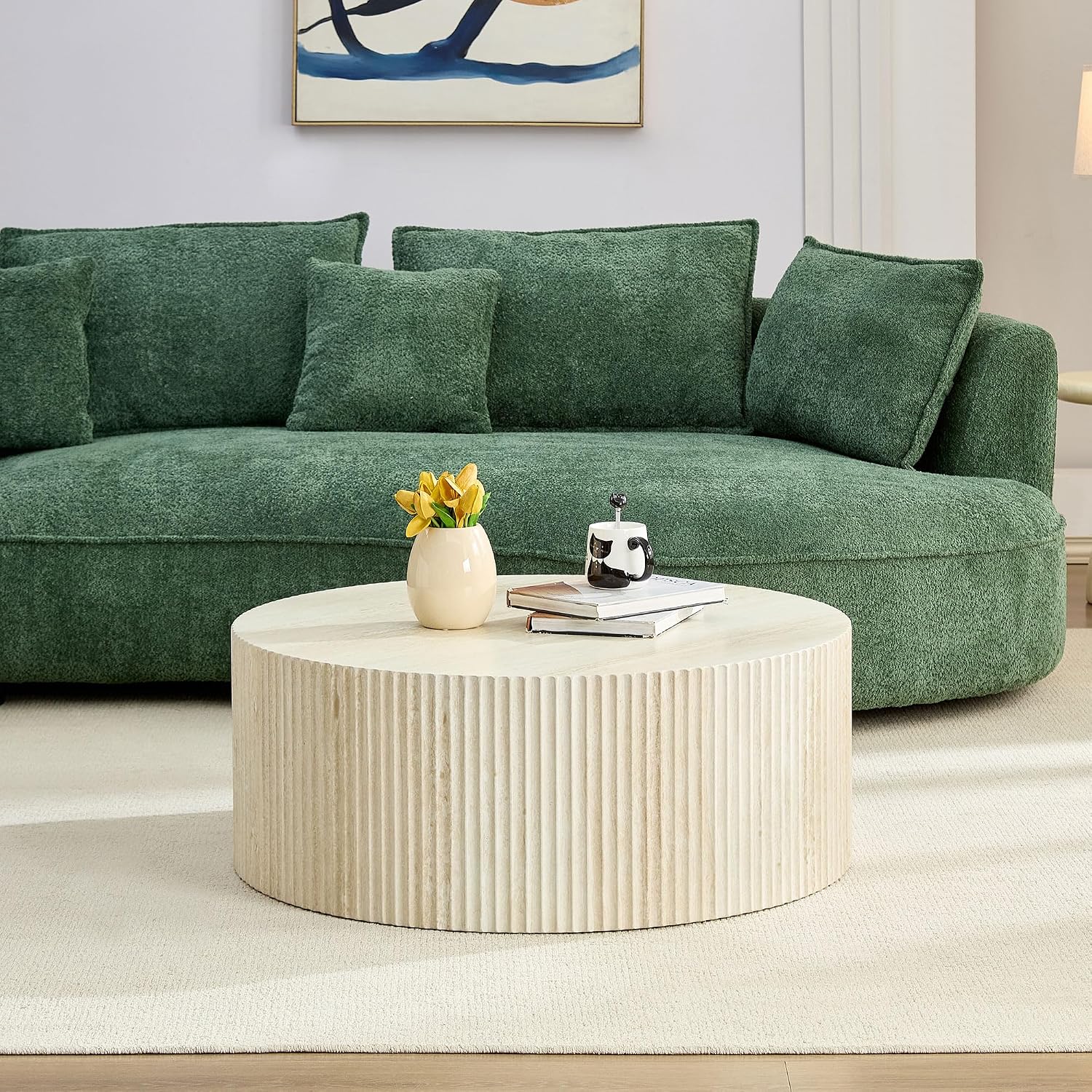 WILLIAMSPACE 35.43' Round Coffee Table with Eye-Catching Relief Design, Modern Luxury Faux Travertine Center Table Accent Side Tea Table for Living Room, No Need Assembly - Beige