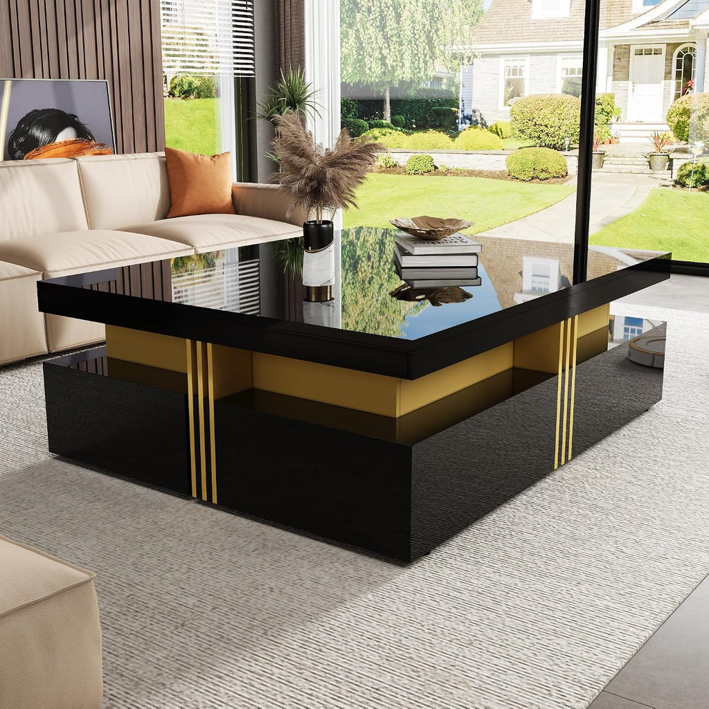 Merax 43.3' Modern Glossy Square Storage Coffee Table with 4 Drawers, Gold Accents, Functional Center Tables for Living Room Apartment, Glossy Black