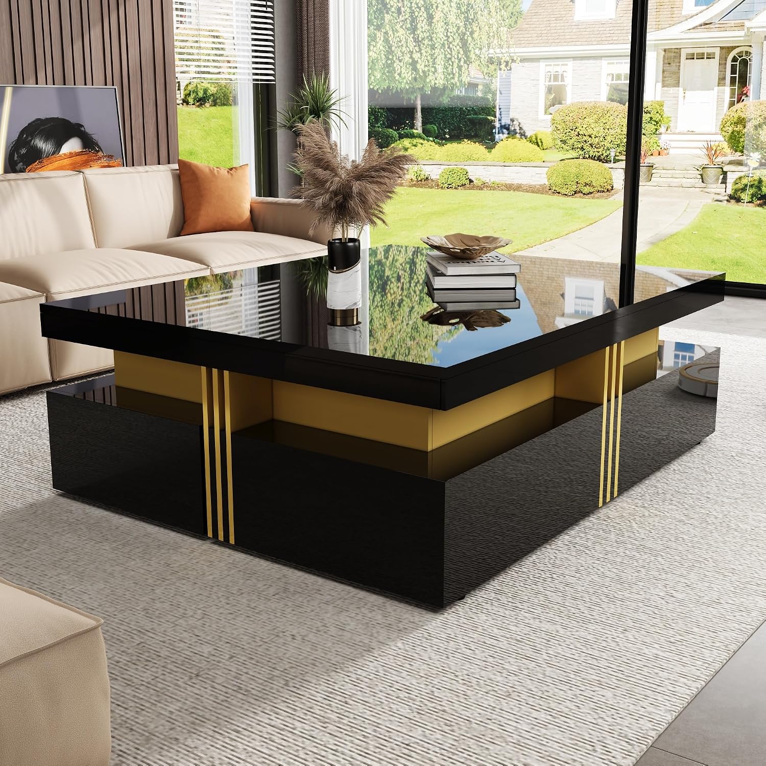 Merax 43.3' Modern Glossy Square Storage Coffee Table with 4 Drawers, Gold Accents, Functional Center Tables for Living Room Apartment, Glossy Black