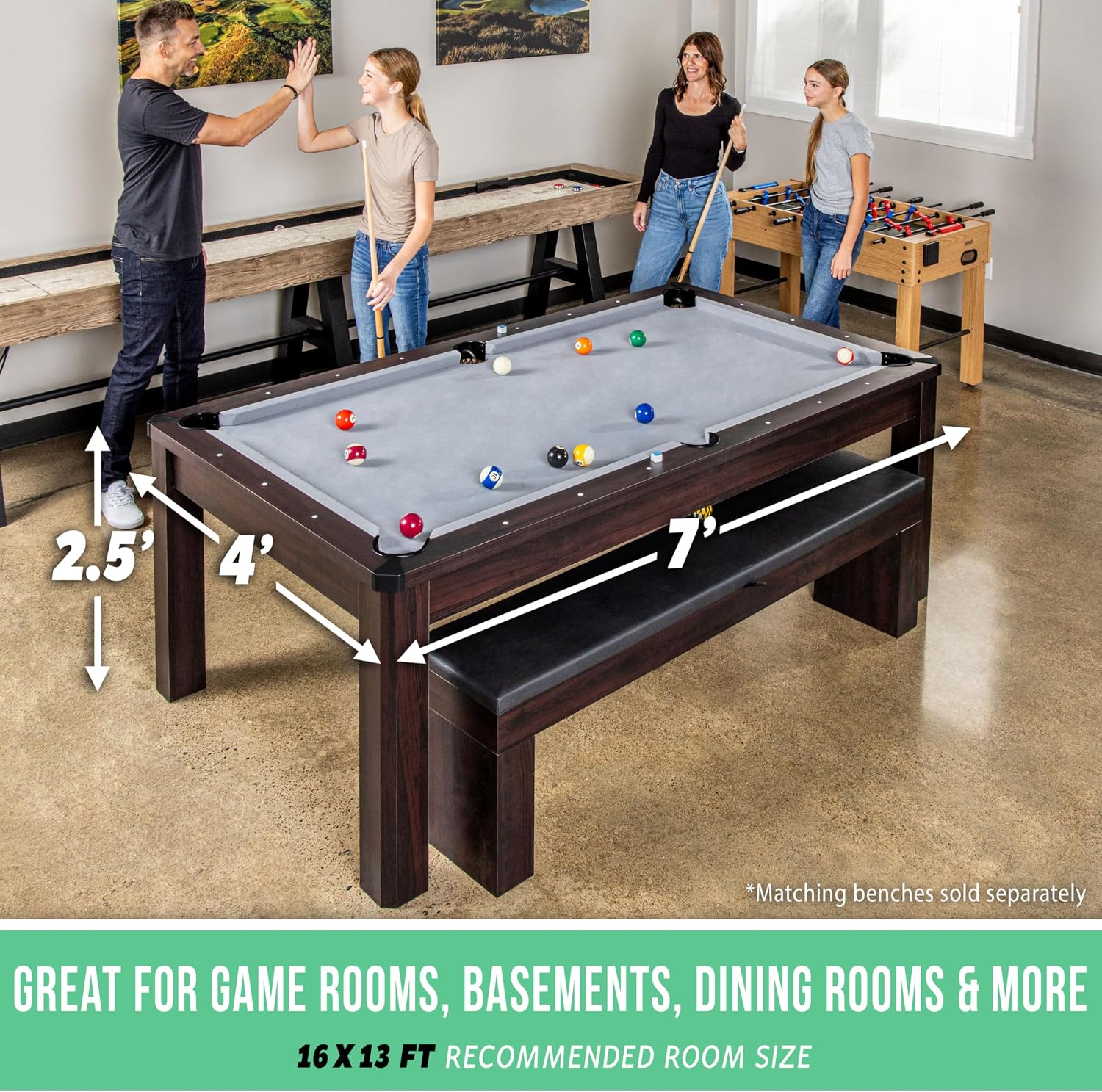 GoSports 3 in 1 Pool, Dining, & Table Tennis Combo Table and Storage Benches - 7 ft or 8 ft - Convertible Billiards and Table Tennis with Accessories