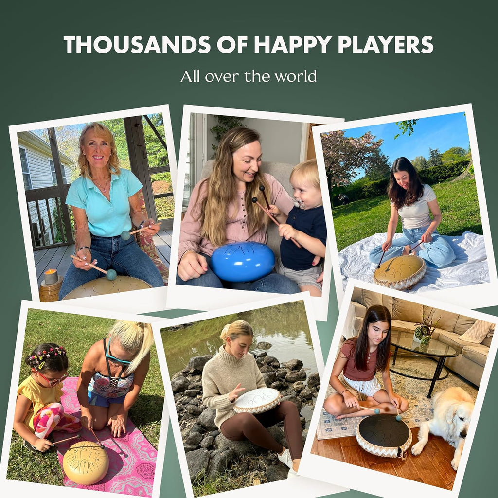 Panda Drum Pro (Sandstone) | Steel Tongue Handpan with Music Book, Mallets, Carrying Bag & Finger Picks | 15 inch, 432 Hz | Rain Drum for Inside, Outside | Calming Musical Instrument for Adults, Kids
