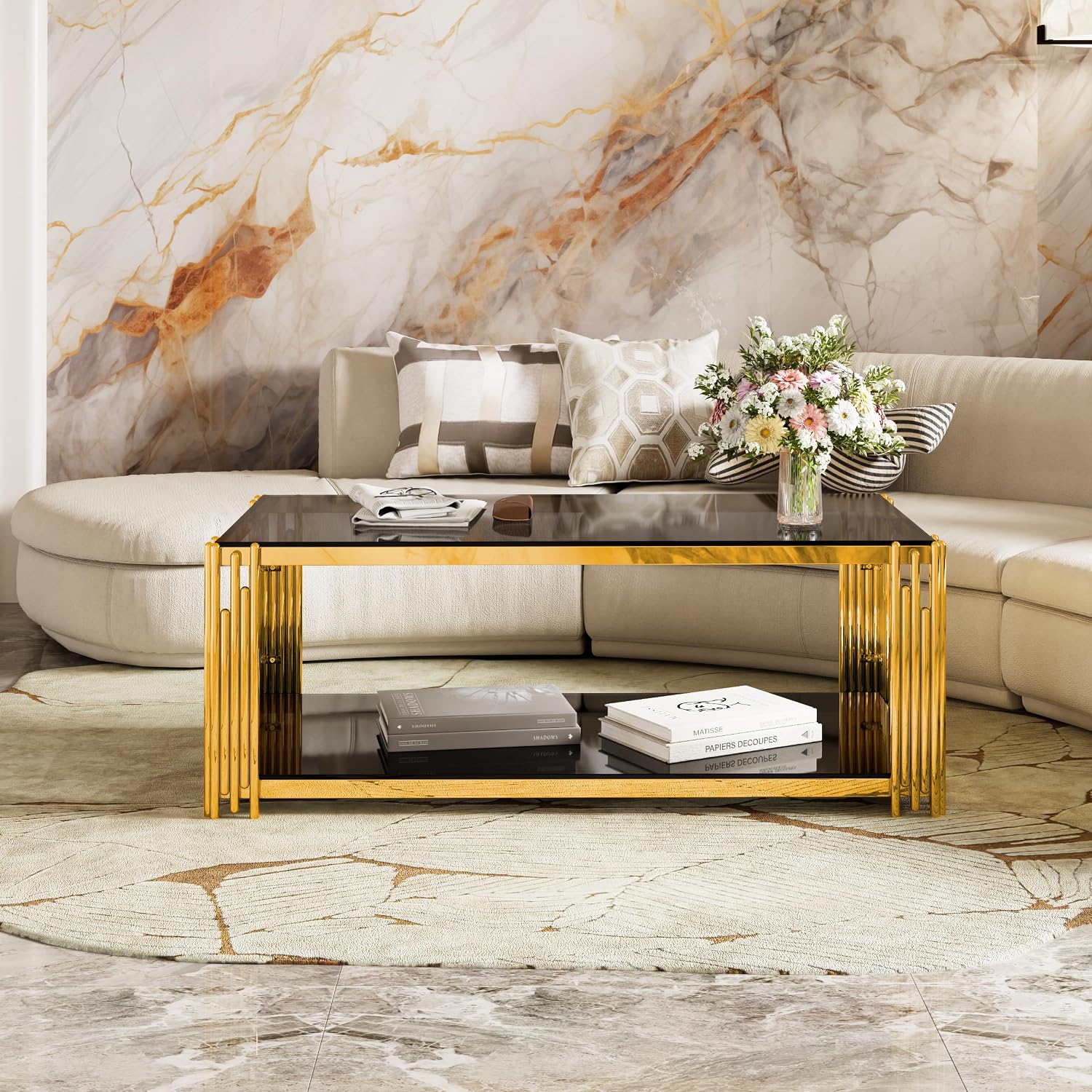 Merax Table Set of 3, with 1 Rectangle Coffee Table & 2 Square End Tables, Black Mirror, Asymmetrical Metal, Gold Finish & Lower Shelf, for Living Room Apartment, Black