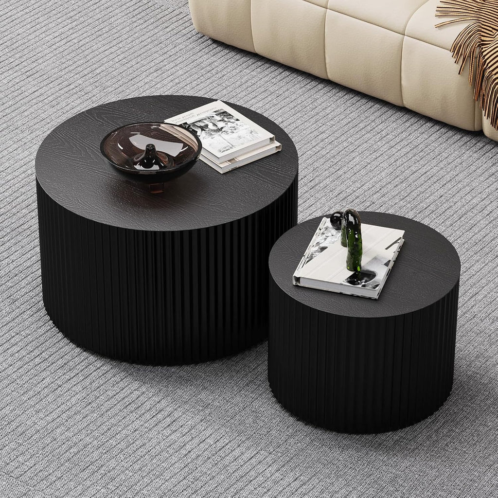 Round Coffee Table Set of 2 Modern Nesting Coffee Tables Wooden Drum Coffee Tables with Non-Slip Feet, Circle Nesting Tables End Table for Living Room Office, No Assembly (Black 18.9'+14.96')