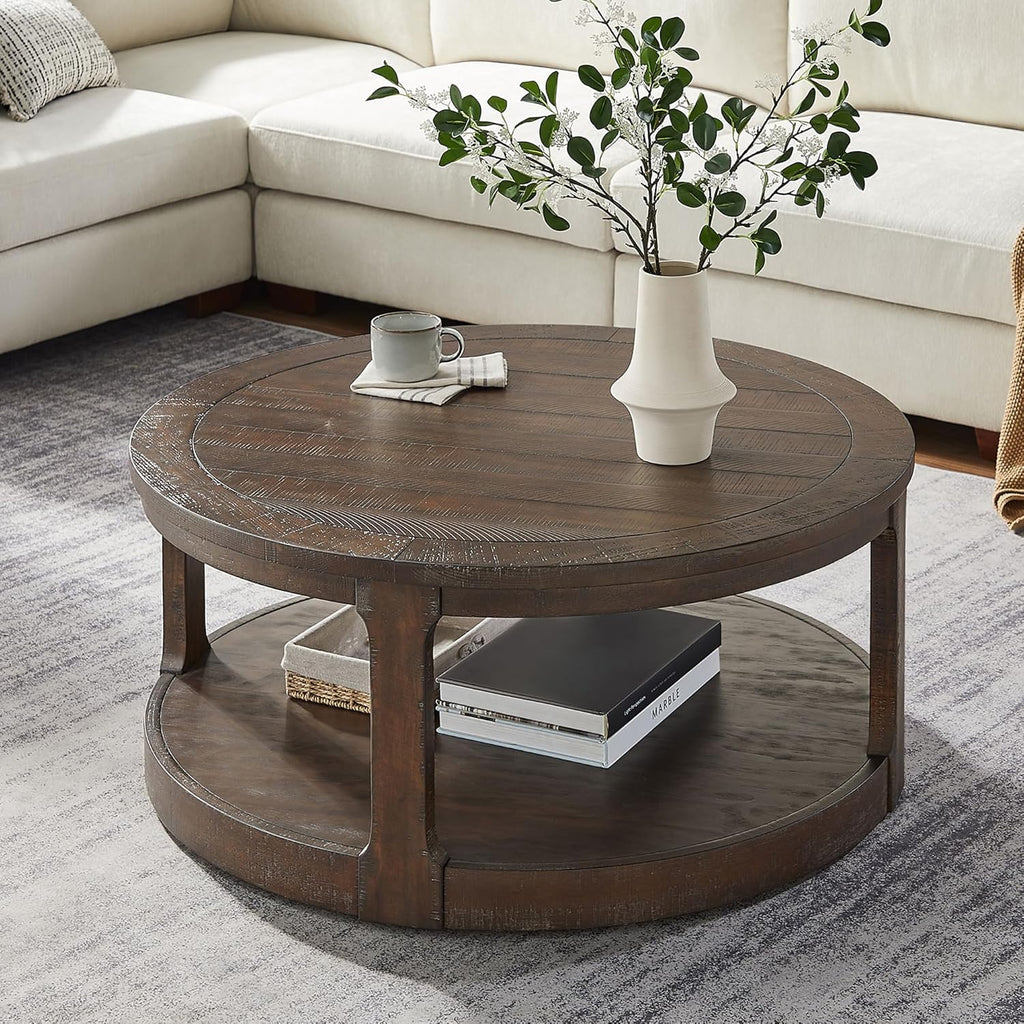 JUSTONE 40' Round Coffee Table for Living Room,2 Tier Traditional Round Circle Wooden Center Coffee Table,Rustic Industrial Coffee Table for Apartment, Easy Assembly (Brown)