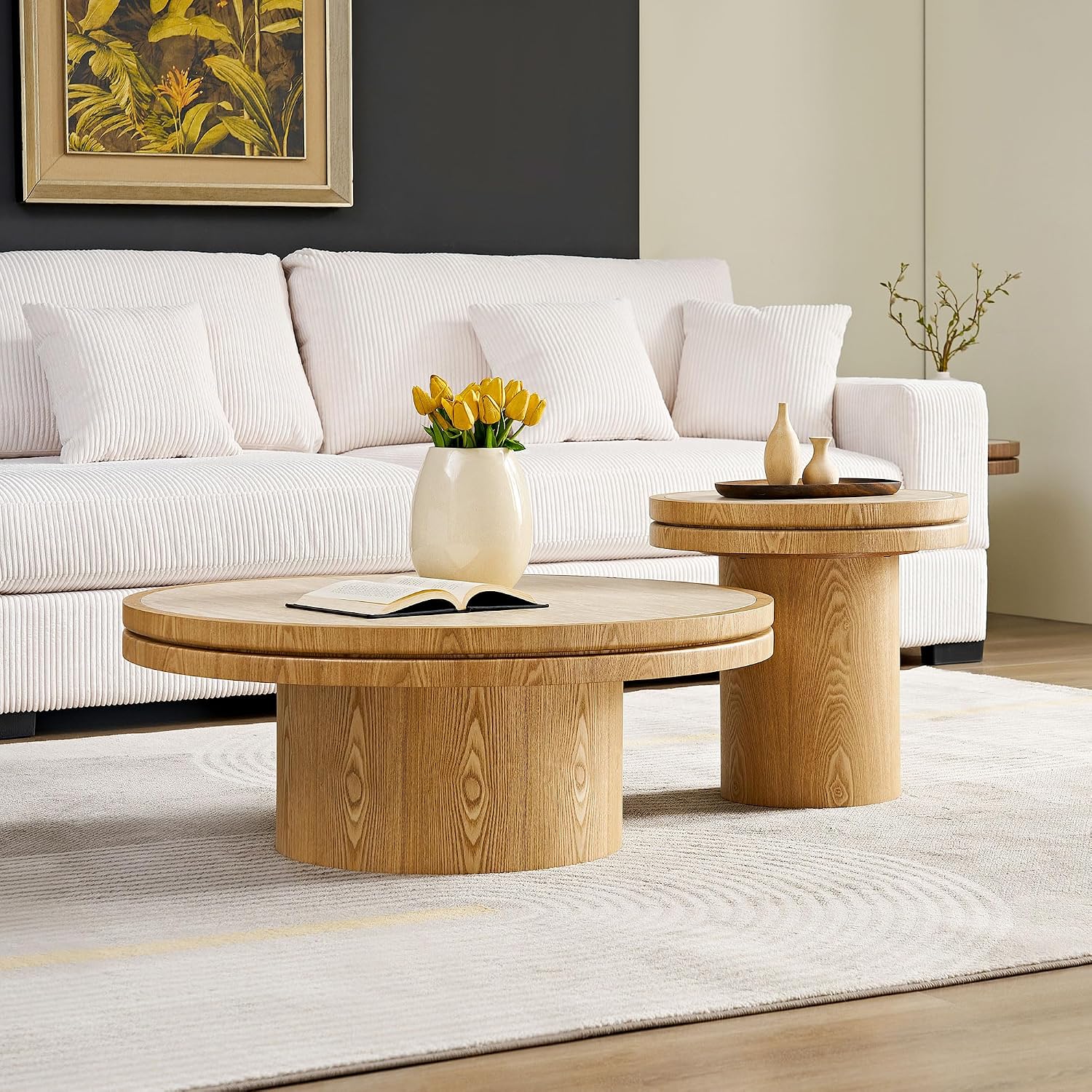 JUSTONE 19.49 '' Round Fluted Coffee Table Small Accent Table for Living Room,Modern Small Accent Table Sofa Side End Table for Living Room,Home Balcony(Natural)