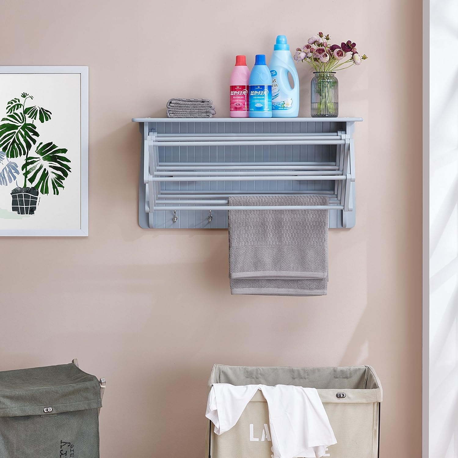 Danya B. Wall Mount Retractable Accordion Drying Rack–Great for Bathroom or Laundry Room –Light Gray
