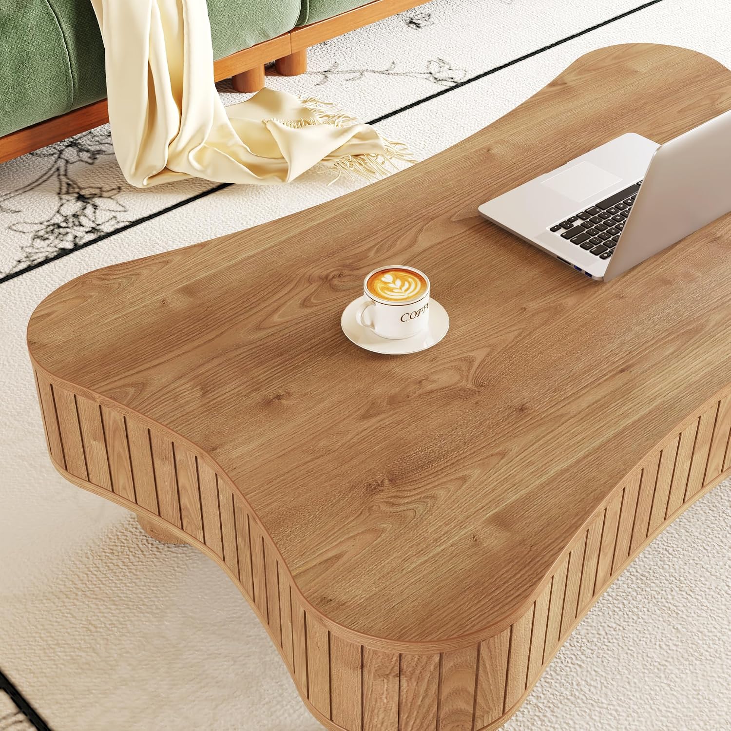 42' Cloud Fluted Lift Top Coffee Table with Hidden & Open Storage, Modern Center Table with Hydraulic Raising Mechanism, Irregular Shape Tea Table with Curved Safety Corners, Light Brown