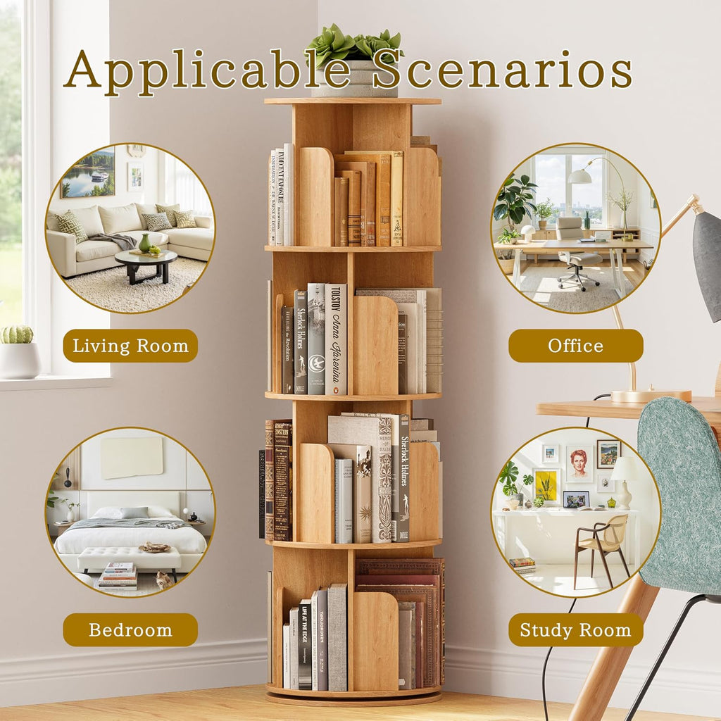 VDNEND Wooden 4 Tier Rotating Bookshelf, Spinning Bookshelf Tower,Modern Revolving Small Bookcase for Corner,Living Room,Bedroom (Natural Oak, 4-Tier)