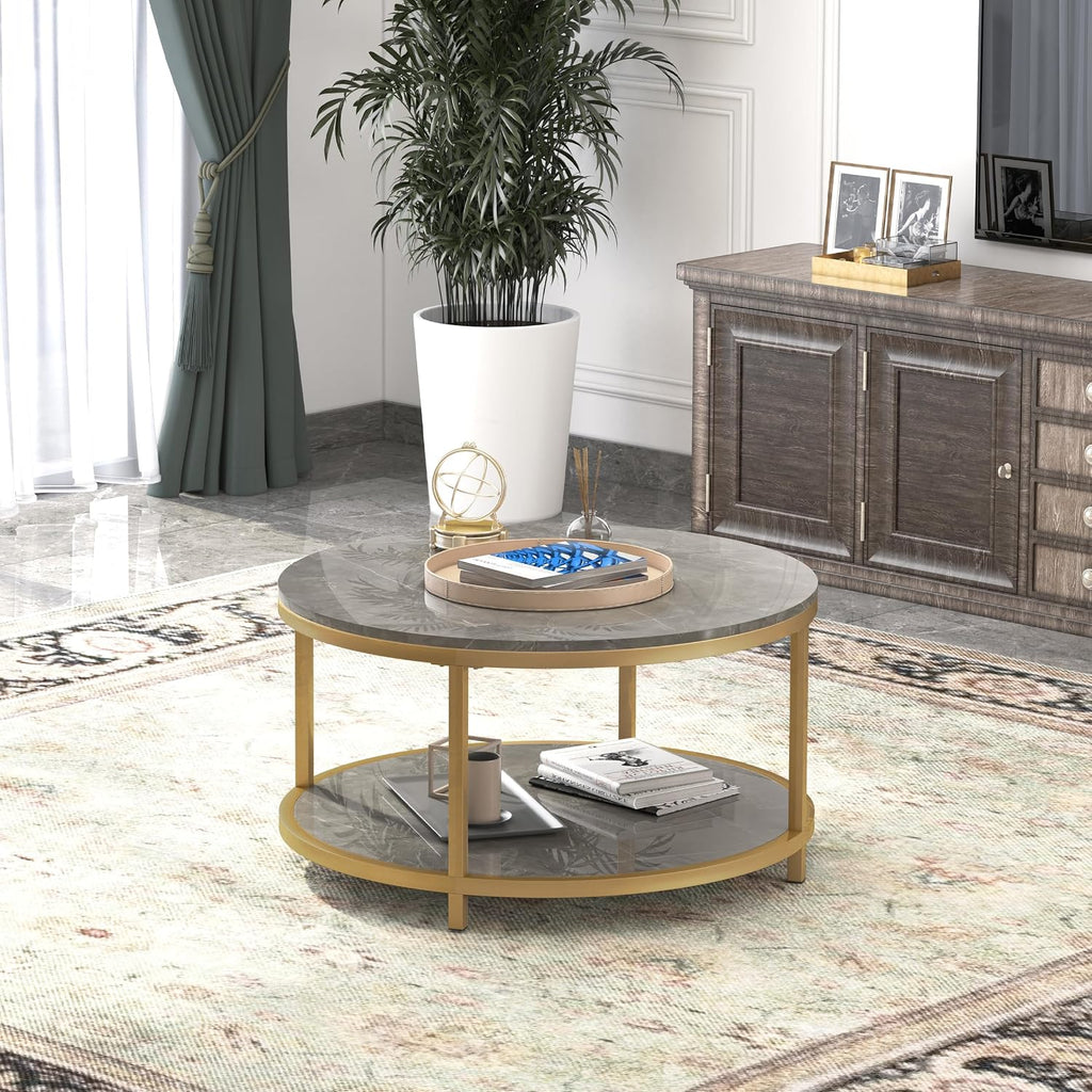 WiberWi Round Coffee Table 33.5' Coffee Tables for Living Room High Glossy Faux Marble Top Modern Circle Table Sturdy Gold Metal Frame Legs Cocktail Table with Storage Open Shelf