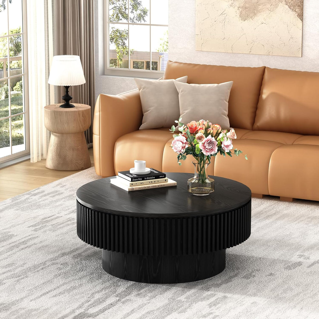 Round Coffee Table with Storage, Small Solid Wood Coffee Table for Living Room, Mid Century Modern Circle Center Tables for Small Space Apartment (31.5''D×14''H-Black)