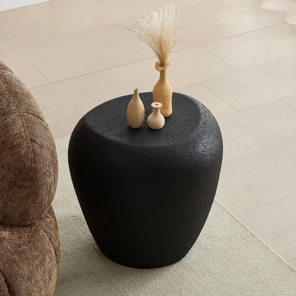 WILLIAMSPACE 19.29' End Table Side Table with Grainy Matte Rocks Pattern, Modern Circle Fiberglass Small Coffee Sofa Table, No Need Assembly (Black)