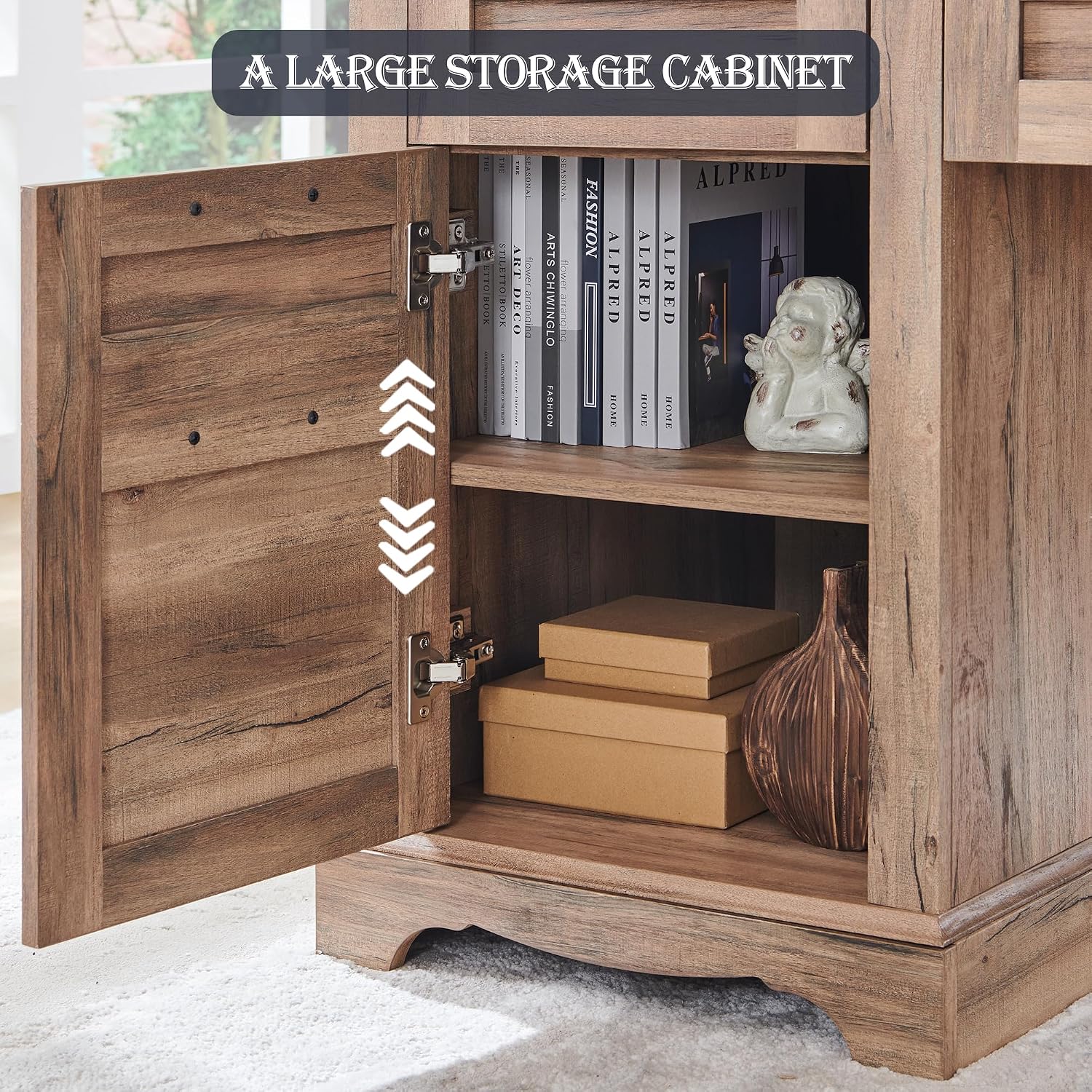 RedLemon 60' Farmhouse L Shaped Executive Desk, Rustic Oak | Home Office Corner Desk, Charging Station, Storage Cabinet, File Drawer, 3 Box Drawers, Rustic Computer Writing Desk