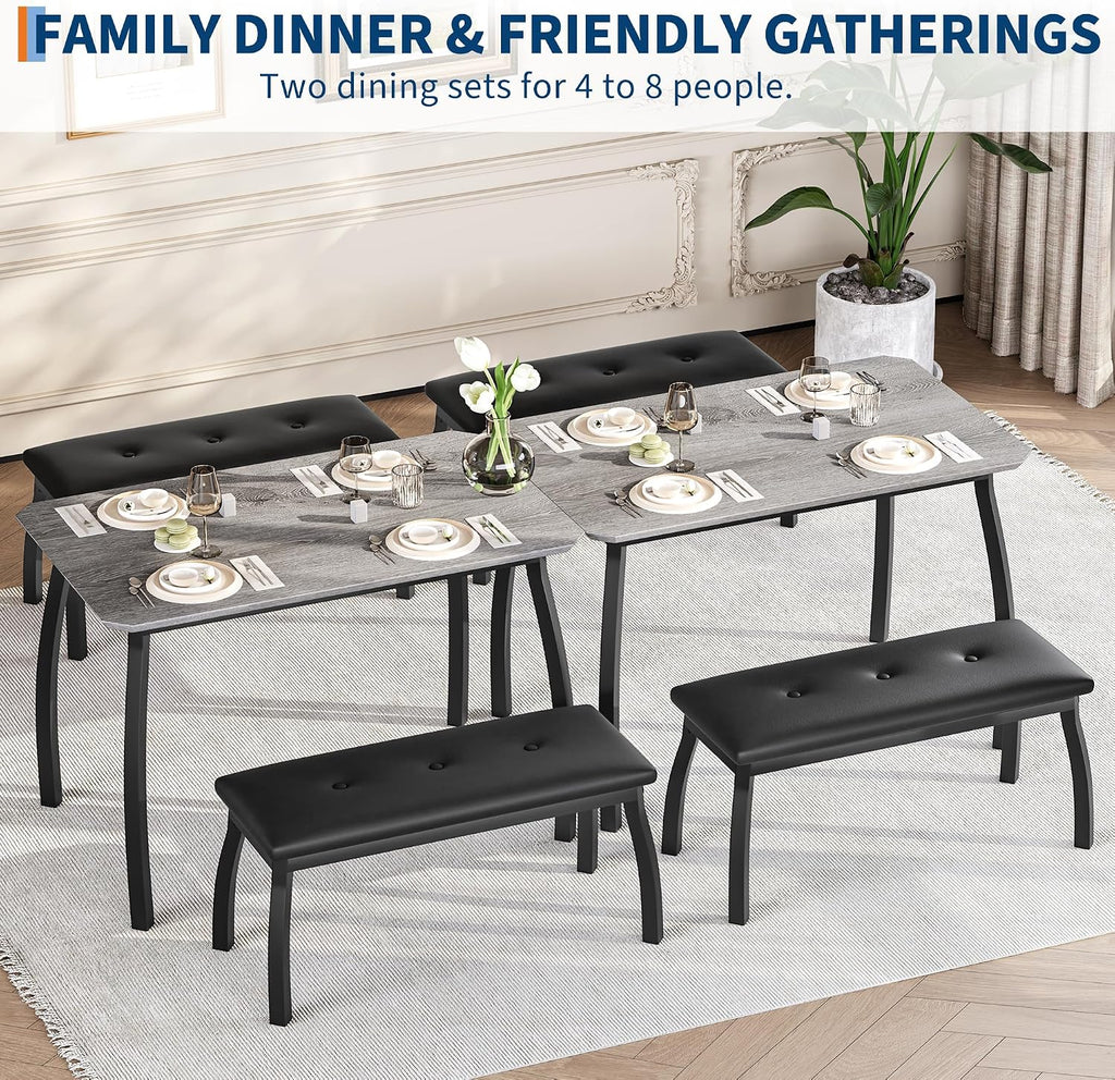 Dining Table for 4, 3-Piece Kitchen Table Set for 4 with Wooden Tabletop and Metal Frame, Industrial Kitchen Table with 2 PU Leather Benches for Bar, Dining Room, Restaurant(43''x28''x30''), Gray