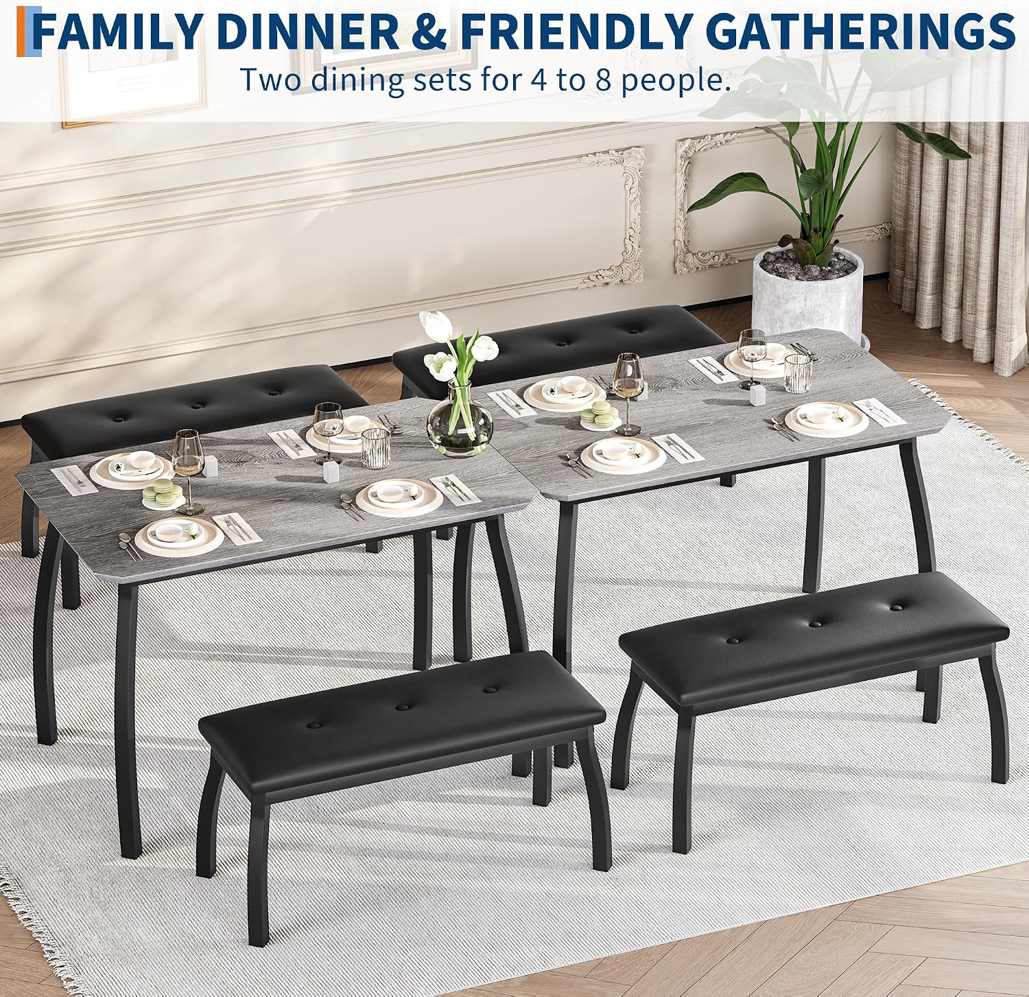 Dining Table for 4, 3-Piece Kitchen Table Set for 4 with Wooden Tabletop and Metal Frame, Industrial Kitchen Table with 2 PU Leather Benches for Bar, Dining Room, Restaurant(43''x28''x30''), Gray