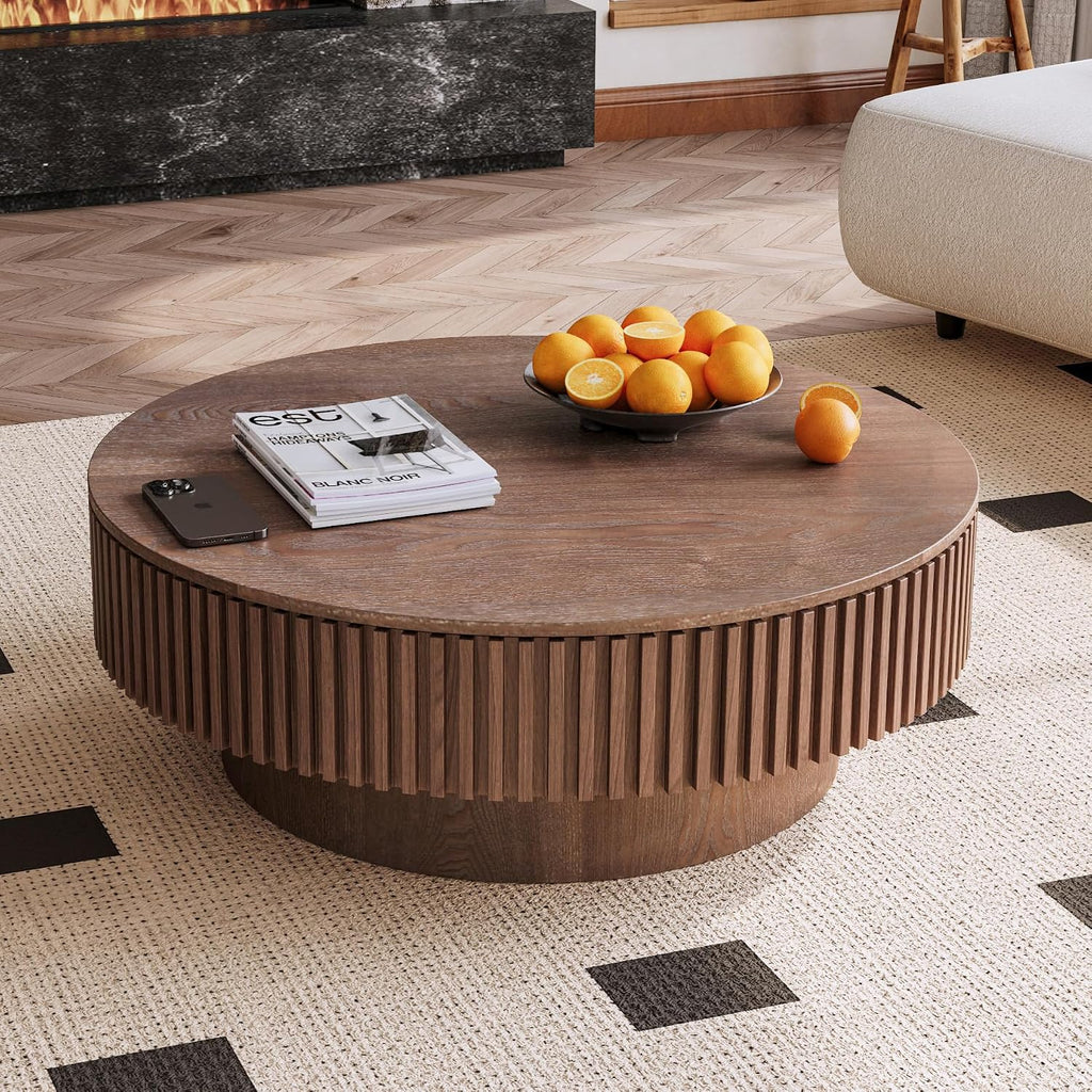 39.37'' Walnut Round Coffee Table Modern Wood Circle Fluted Drum Pedestal Coffee Table with Storage Space for Living Room, Easy Assembly, Walnut