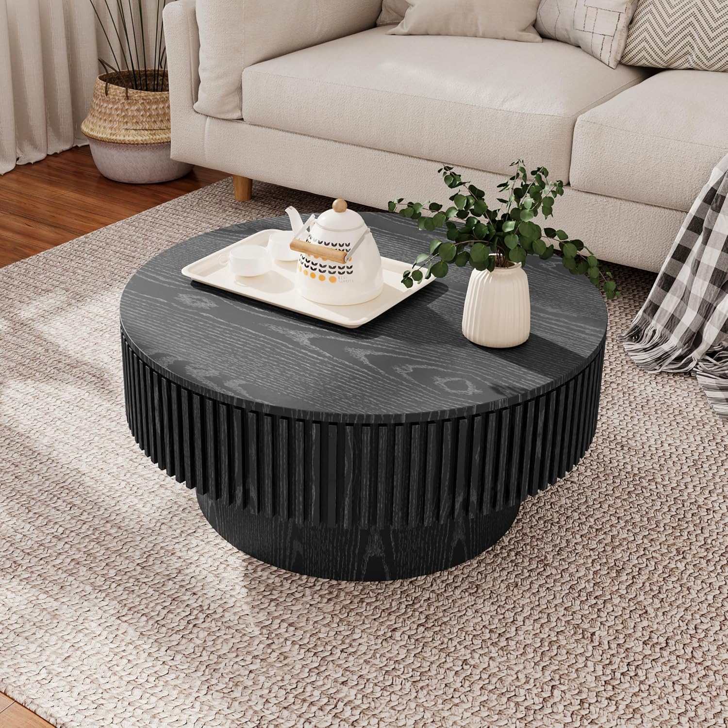 31.5'' Round Coffee Table with Storage Space, Modern Wood Circle Fluted Drum Pedestal Coffee Table for Living Room, Easy Assembly, Black (ø31.49'' x 14'')