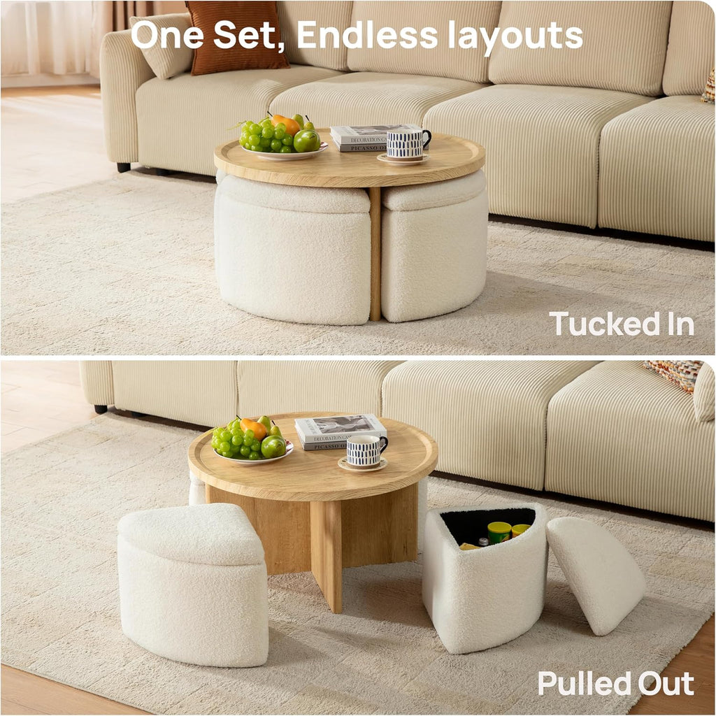 Square Coffee Table with Stools Underneath, Wood Ottoman Coffee Tables with 4 Boucle Storage Ottomans & Seats, Mid-Century Modern Coffee Table with Chairs for Living Room, Small Space, Natural&White