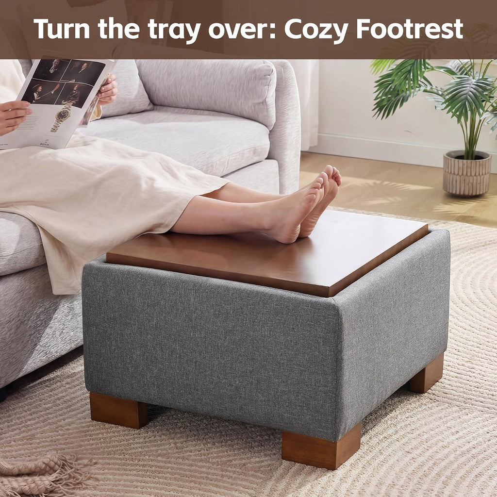 WUTUTUEE 24' Square Ottoman Coffee Table with Storage, Fabric Ottomans with Tray and Solid Wood Legs for Living Room, Bedroom and Apartments, Small Modern Ottoman Tea Table with Lift-Off Lid, Grey