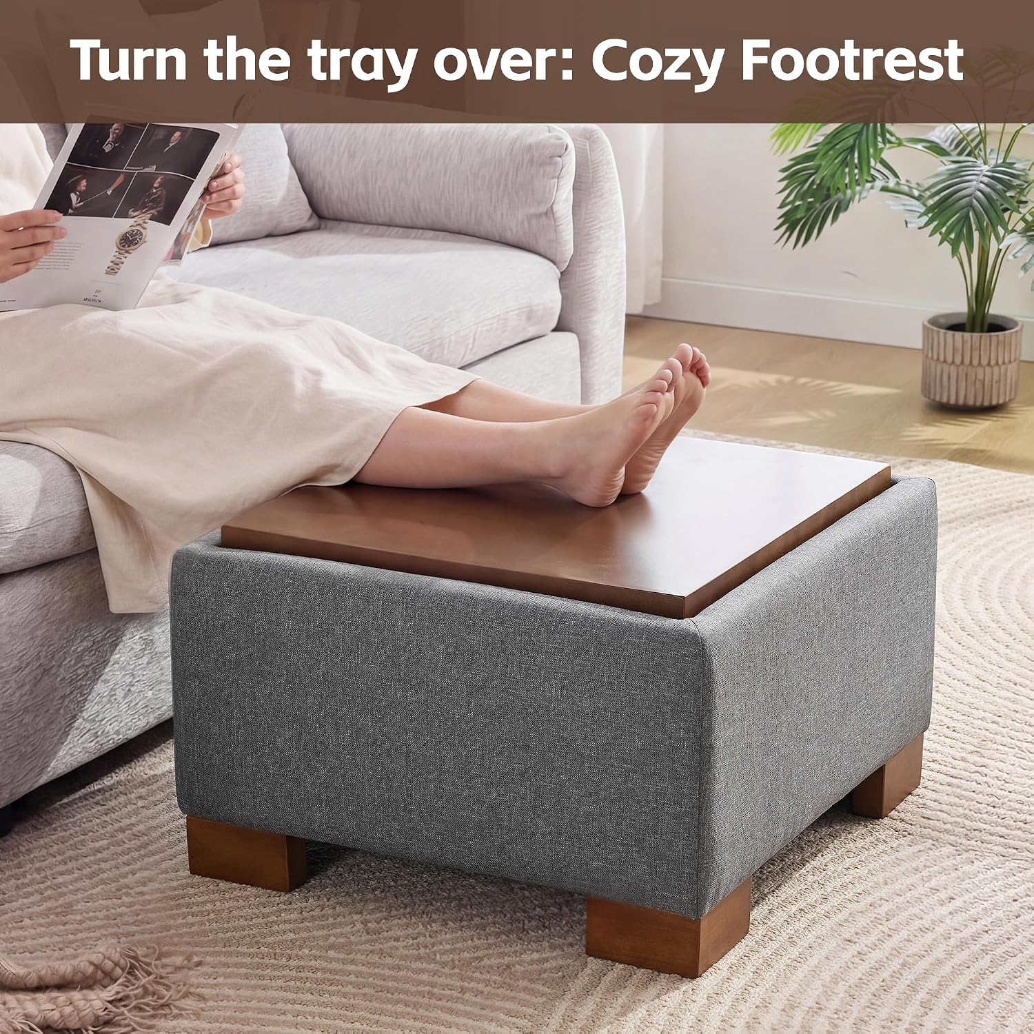WUTUTUEE 24' Square Ottoman Coffee Table with Storage, Fabric Ottomans with Tray and Solid Wood Legs for Living Room, Bedroom and Apartments, Small Modern Ottoman Tea Table with Lift-Off Lid, Grey