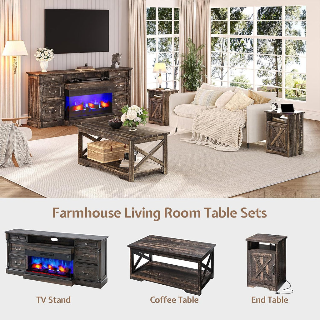 LUXOAK 3-Piece Farmhouse Living Room Table Sets, Includes 1 x Coffee Table, 2 x End Tables with Charging Station & USB Ports, Rustic Coffee Table Set of 3, Black Oak