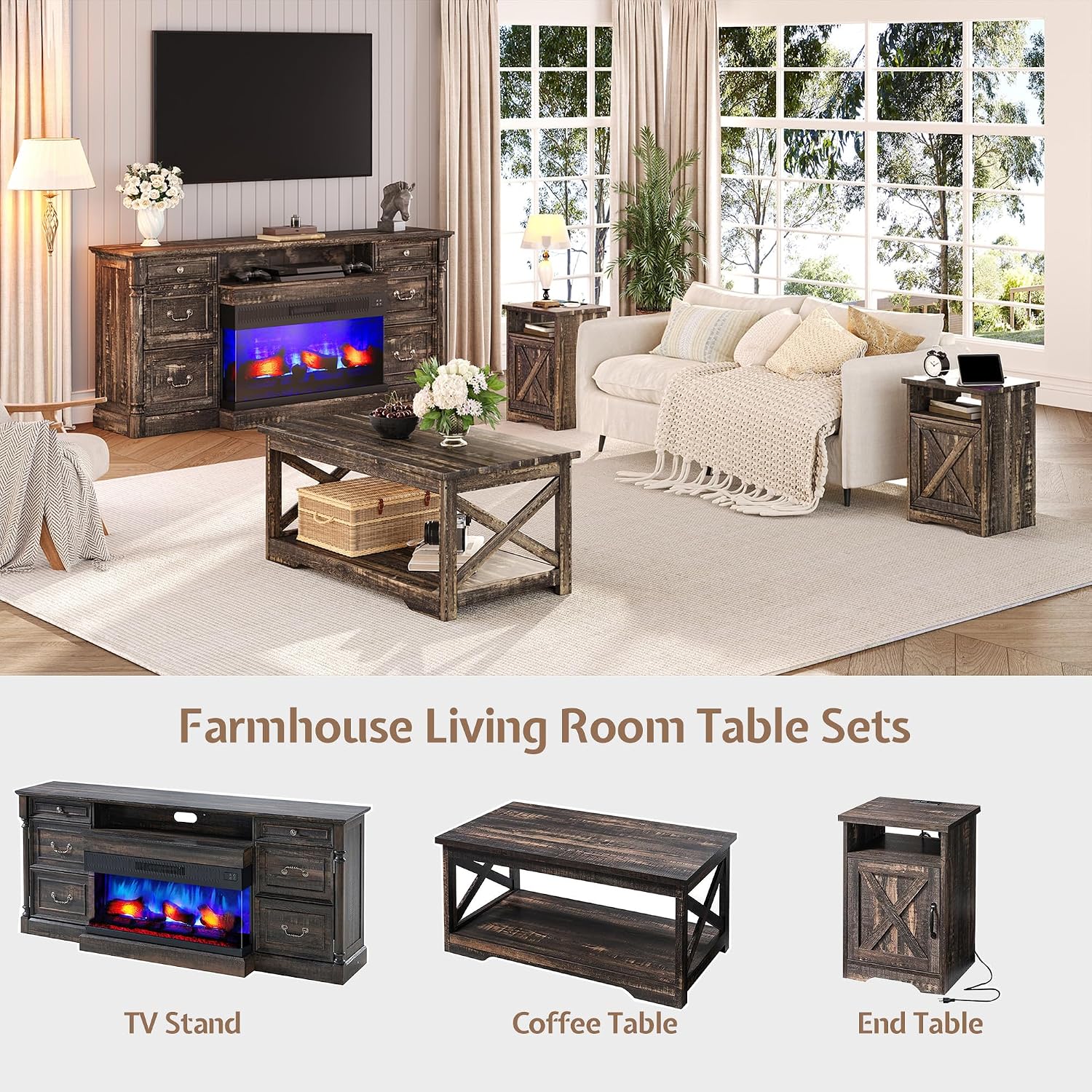 LUXOAK 3-Piece Farmhouse Living Room Table Sets, Includes 1 x Coffee Table, 2 x End Tables with Charging Station & USB Ports, Rustic Coffee Table Set of 3, Black Oak