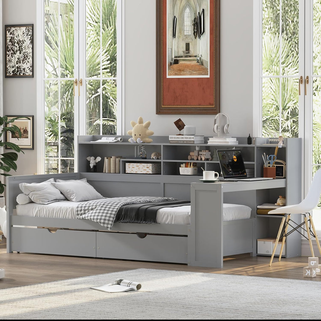 Wooden Twin Size Daybed with Storage Drawers and Shelves Corner Bed Frame with Desk - Grey