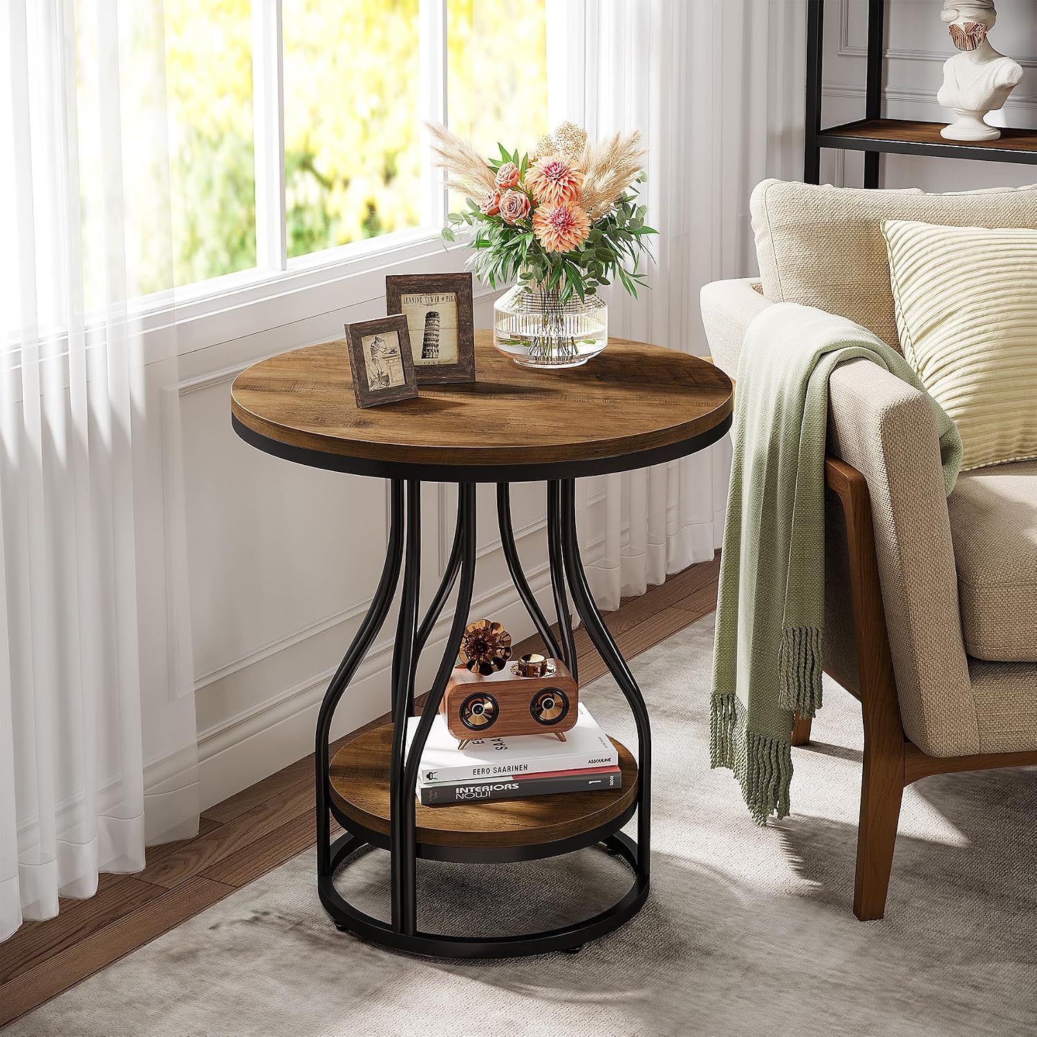 Tribesigns Round Side End Table 2-Tier End Tables Modern Bedside Table Small Chairside Tables with Storage for Couch Side, Nightstand with Metal Frame for Living Room (2 pcs, Brown+Black)