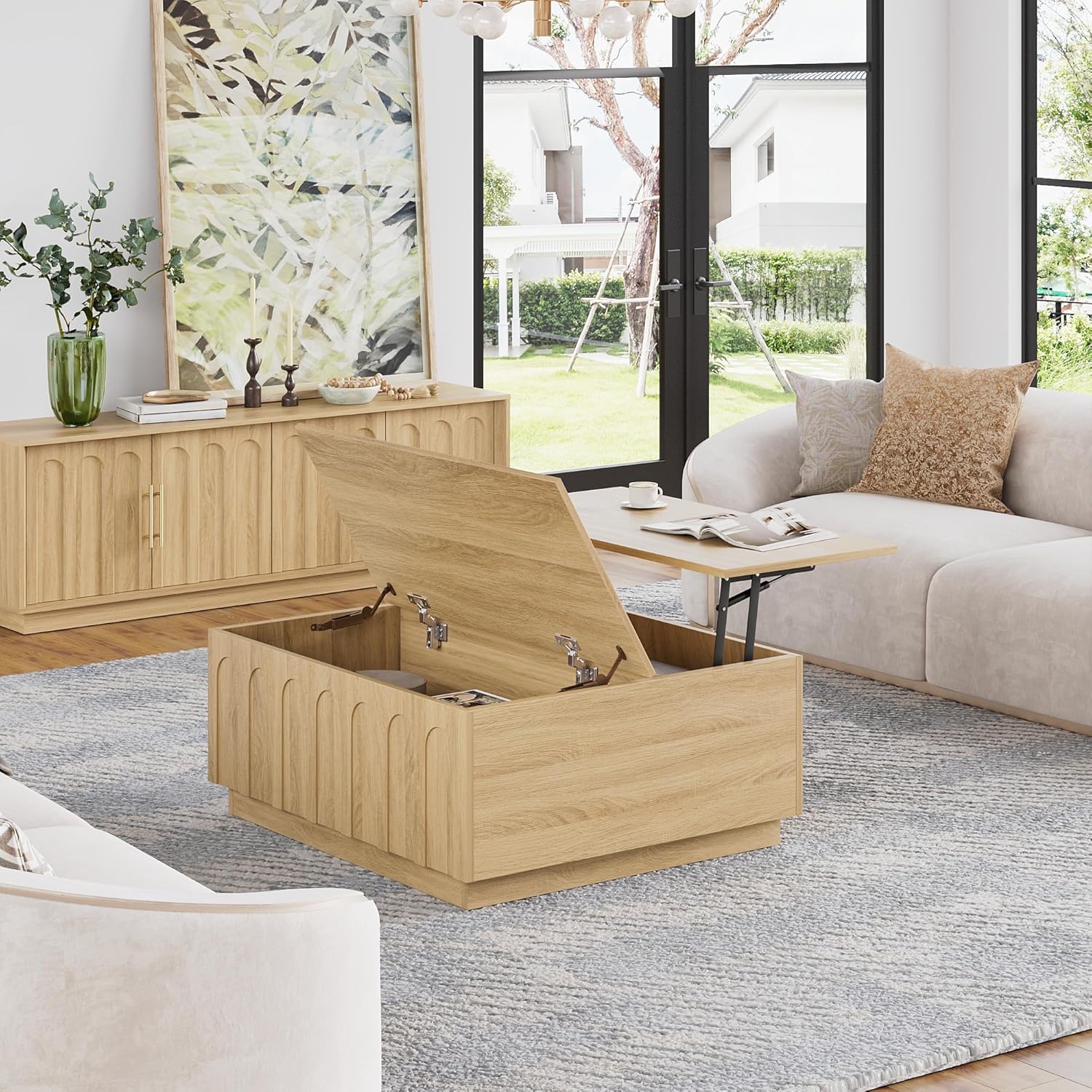 FORTUNETEC Lift Top Coffee Table with Storage, Modern Coffee Table with Arched Design, 31.5' Square Tea Table with Wood Grain, Boho Multifunctional Center Table for Living Room, Office, Oak