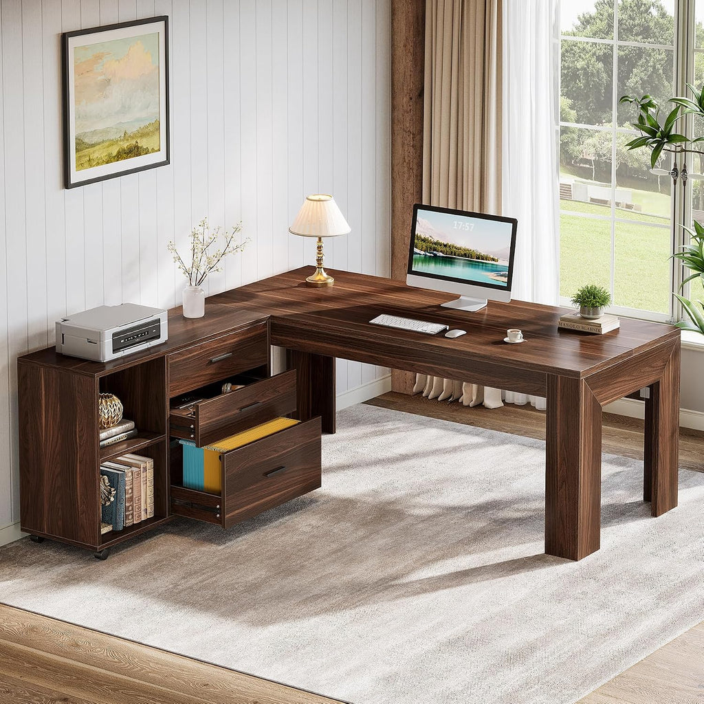 Tribesigns 63' L Shaped Desk with Storage, Executive Office Desk with Mobile Lateral File Cabinet Combo, Large Computer Table with Drawers and Shelves, Business Furniture Set for Home Office, Walnut
