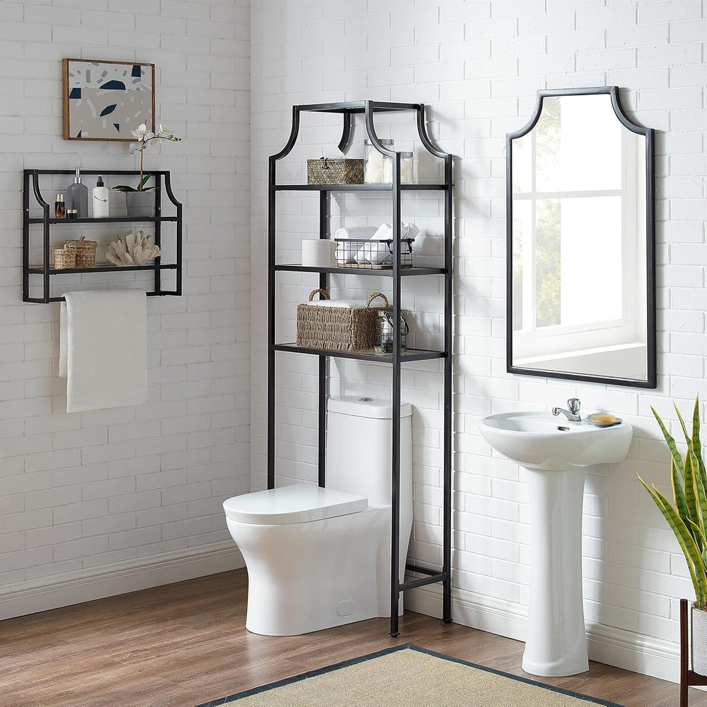 Afuera Living 2-Shelf Modern Metal Wall Shelf, Oil Rubbed Bronze Finish, Steel Frame with Tempered Glass Shelves, 19' H x 24' W x 6' D, Includes Towel Bar, Art Deco Bathroom Storage Display