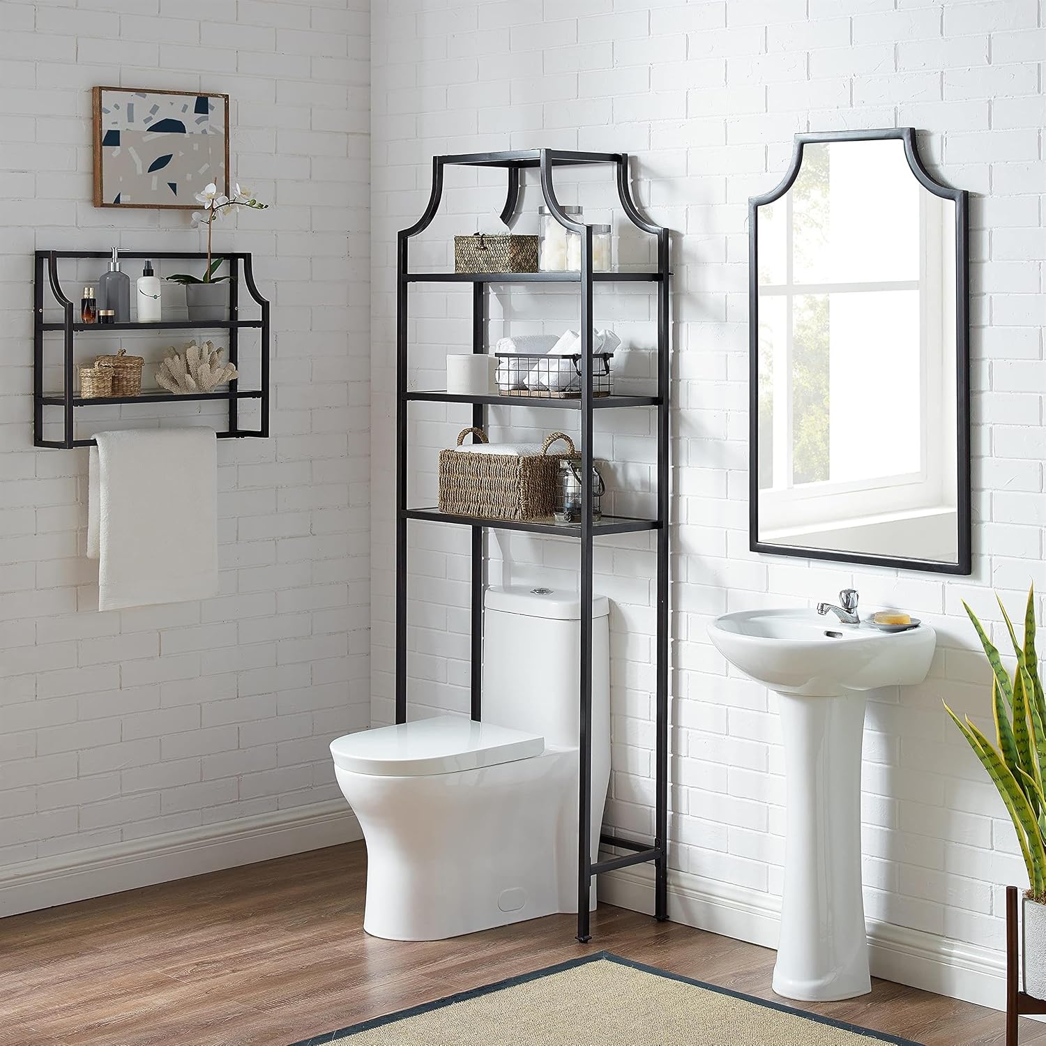 Afuera Living 2-Shelf Modern Metal Wall Shelf, Oil Rubbed Bronze Finish, Steel Frame with Tempered Glass Shelves, 19' H x 24' W x 6' D, Includes Towel Bar, Art Deco Bathroom Storage Display
