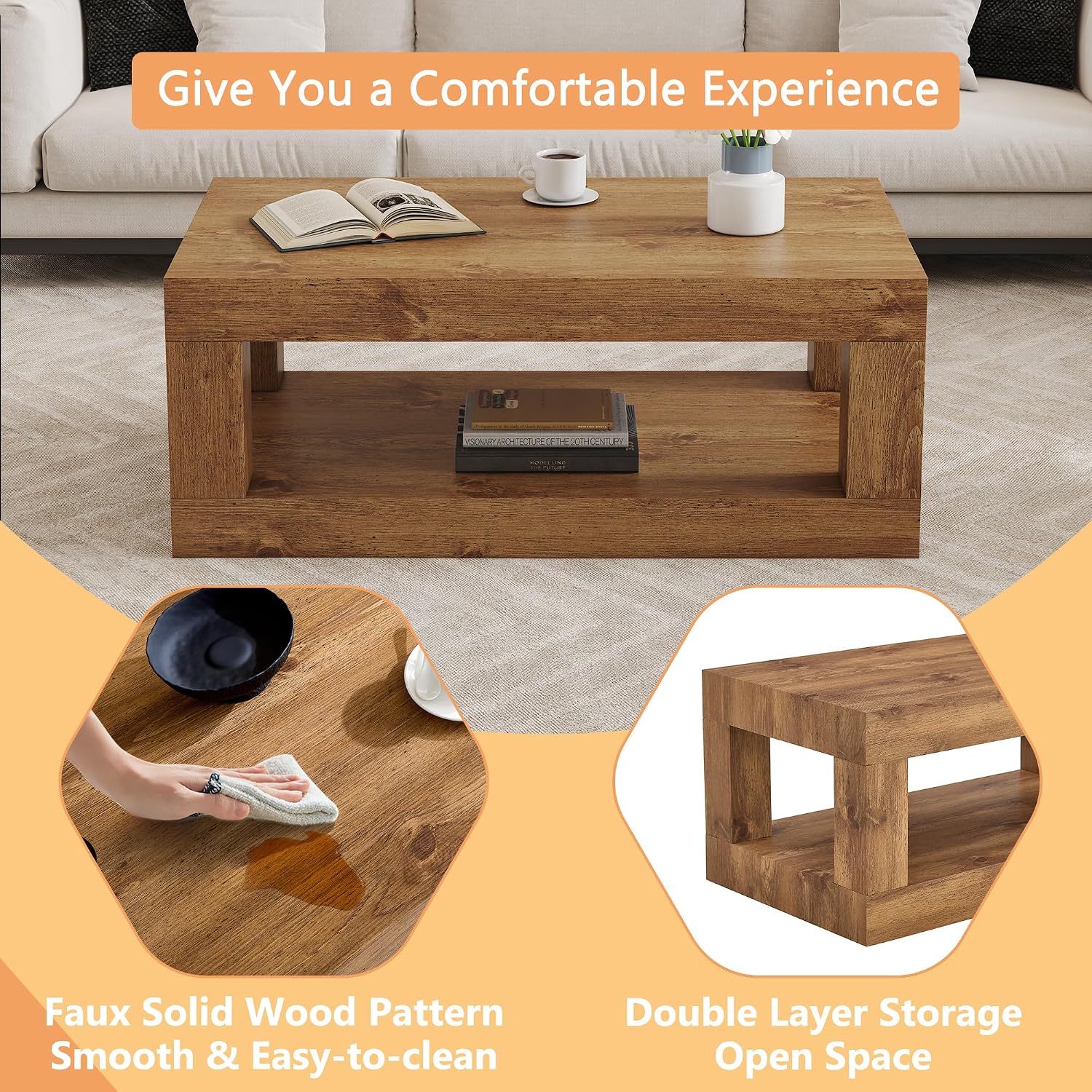 39.4' Coffee Table with Storage, 2-Tier Wood Coffee Table with 4' Thick Tabletop, Mid Century Modern Cocktail Center Tea Tables with Bottom Shelf for Living Room, Office, Apartment,Natural Wood